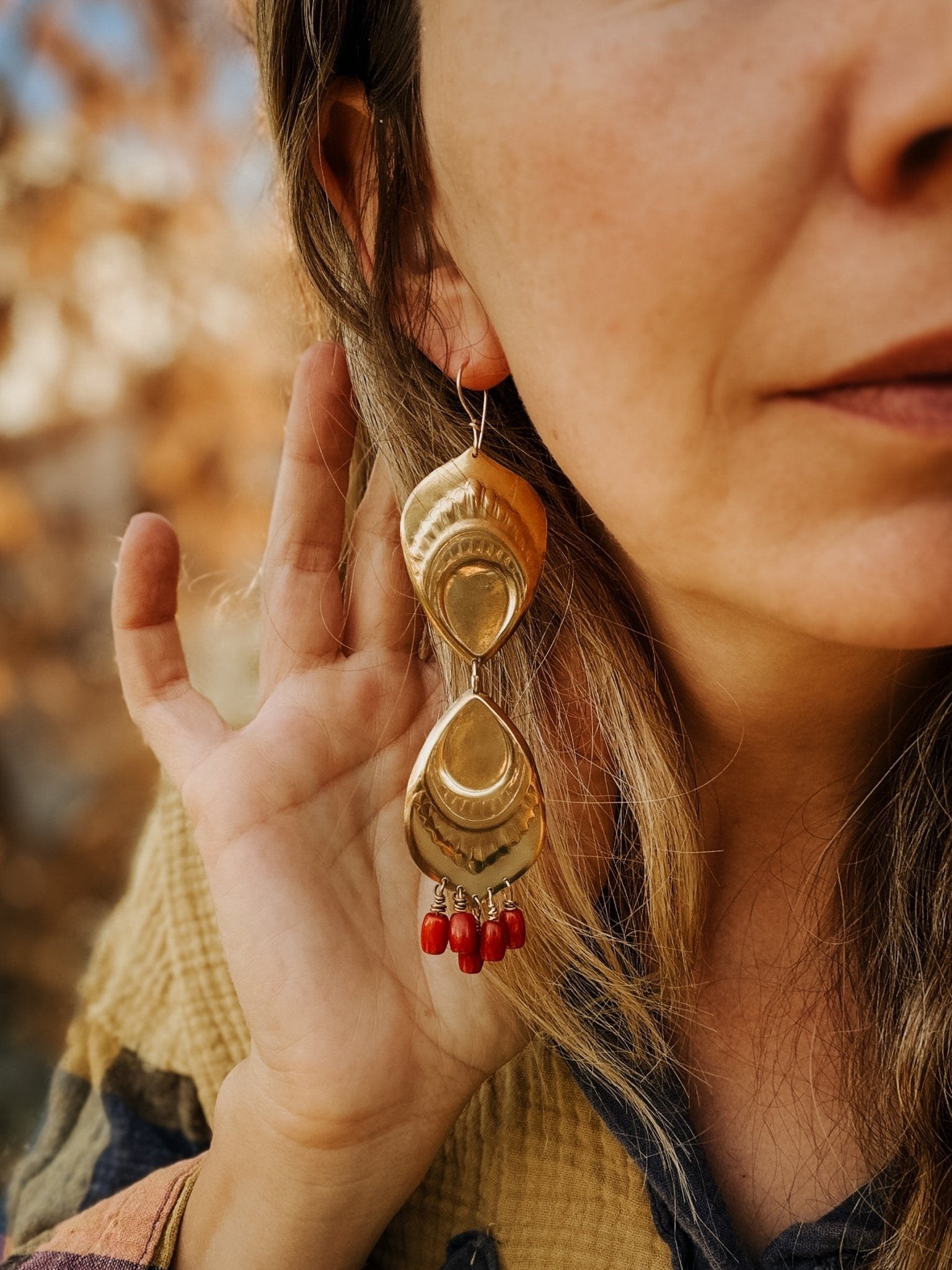 The Golden Peacock Earrings in Brass + Coral w/ 14k Gold - fill Ear Wire - Golden Road Crafted