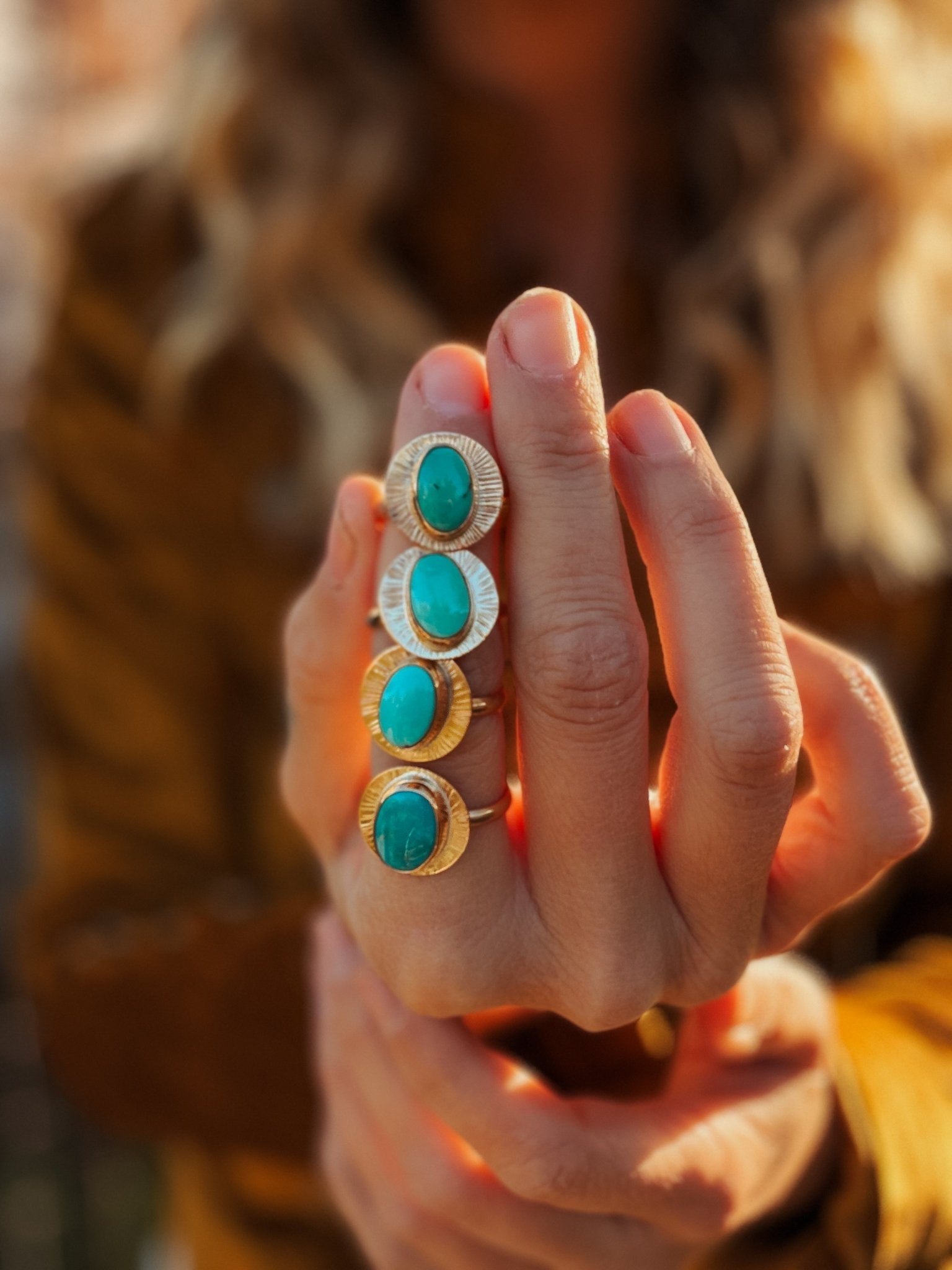 The Golden Sun Ring in Carico Lake Turquoise (Size 6.75) - Golden Road Crafted