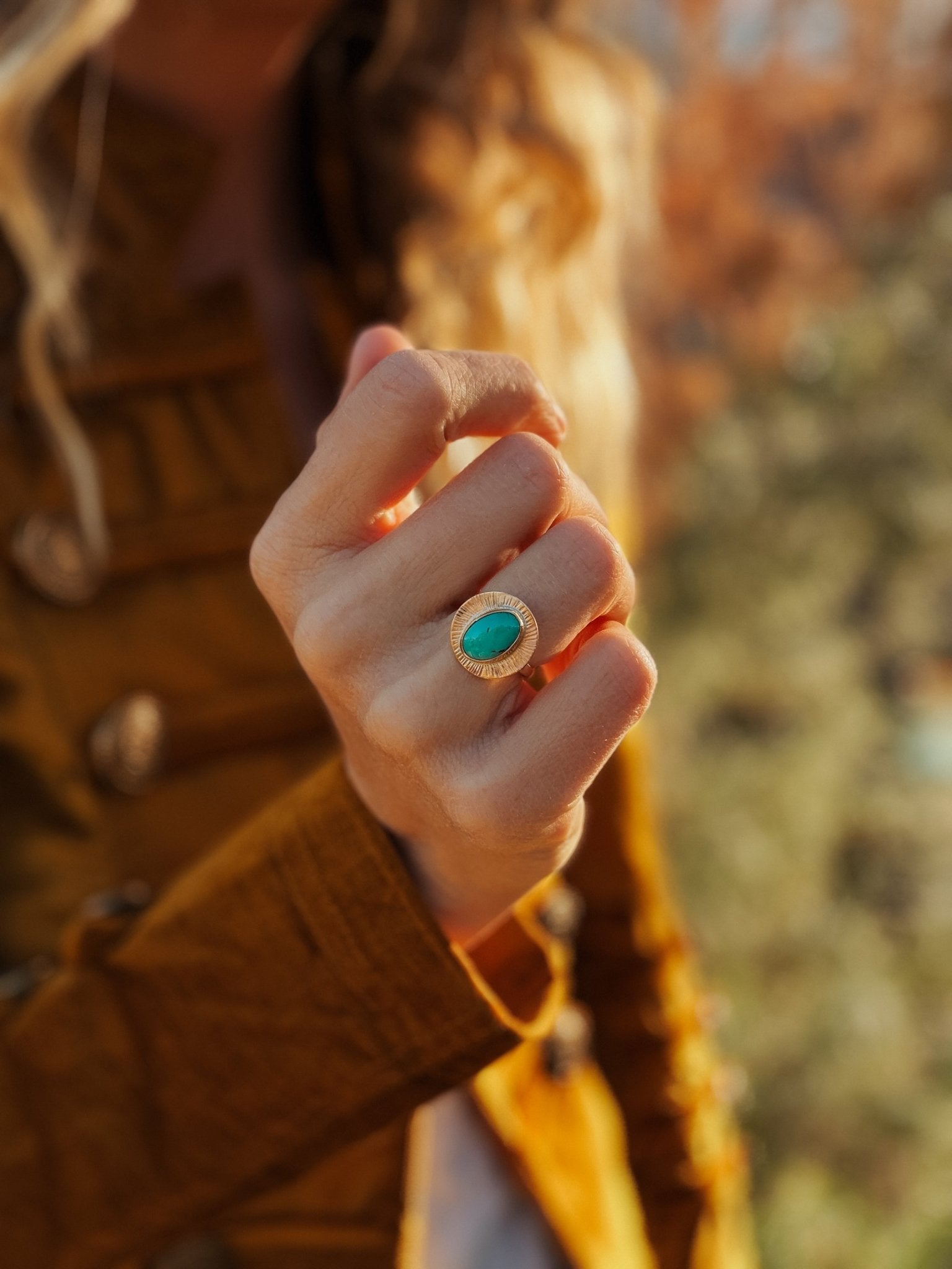 The Golden Sun Ring in Carico Lake Turquoise (Size 6.75) - Golden Road Crafted