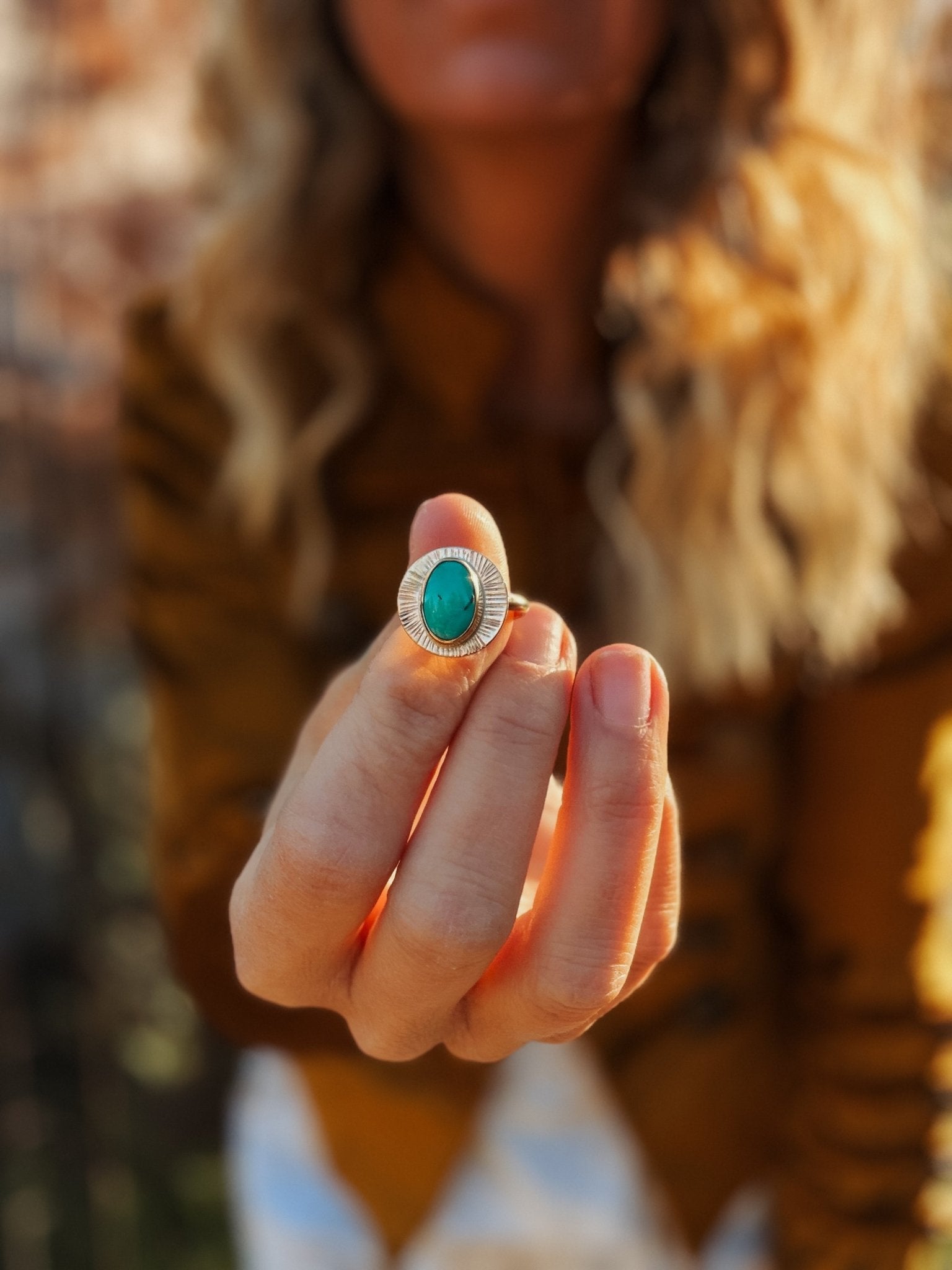 The Golden Sun Ring in Carico Lake Turquoise (Size 6.75) - Golden Road Crafted
