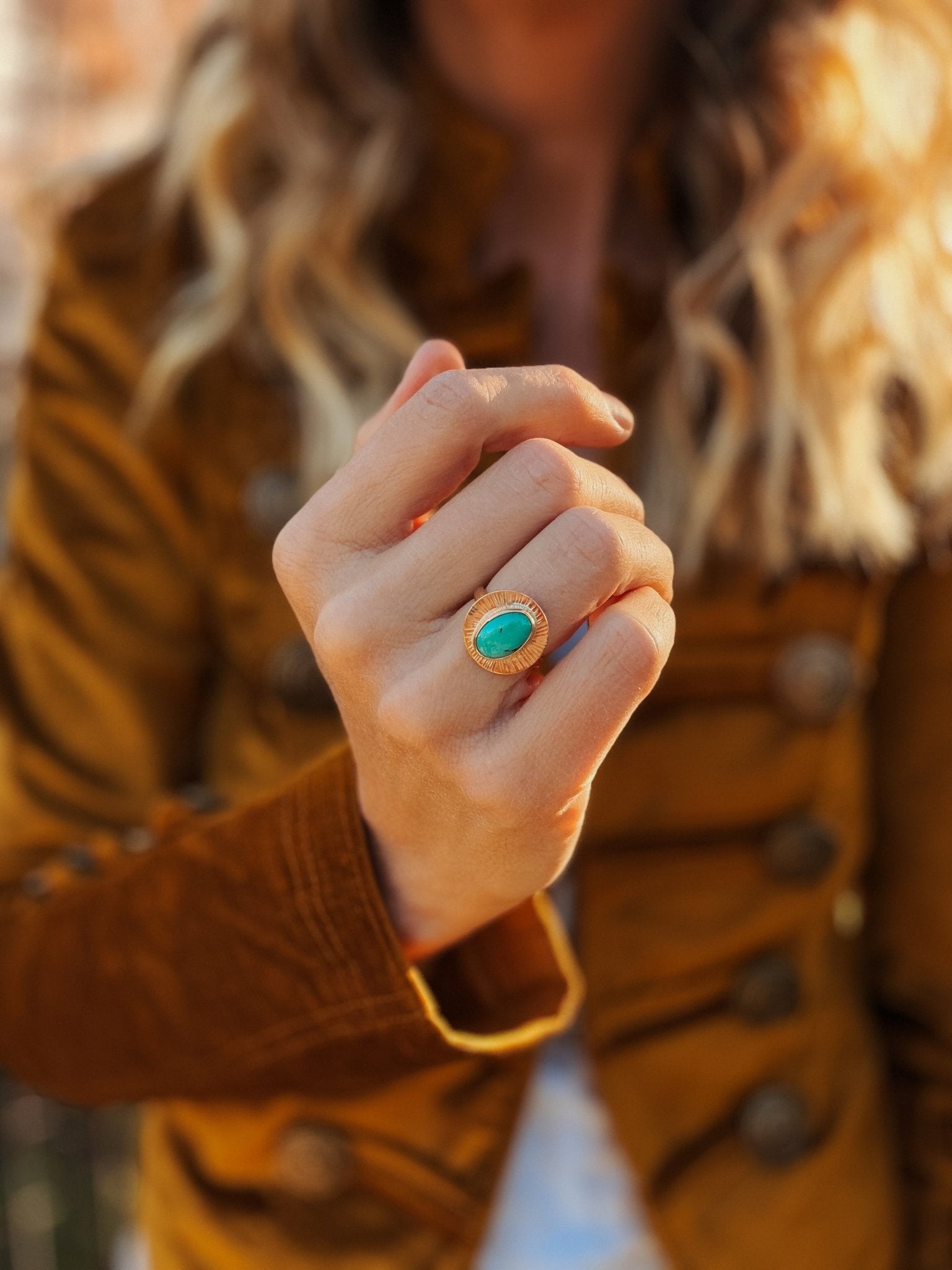 The Golden Sun Ring in Carico Lake Turquoise (Size 6.75) - Golden Road Crafted