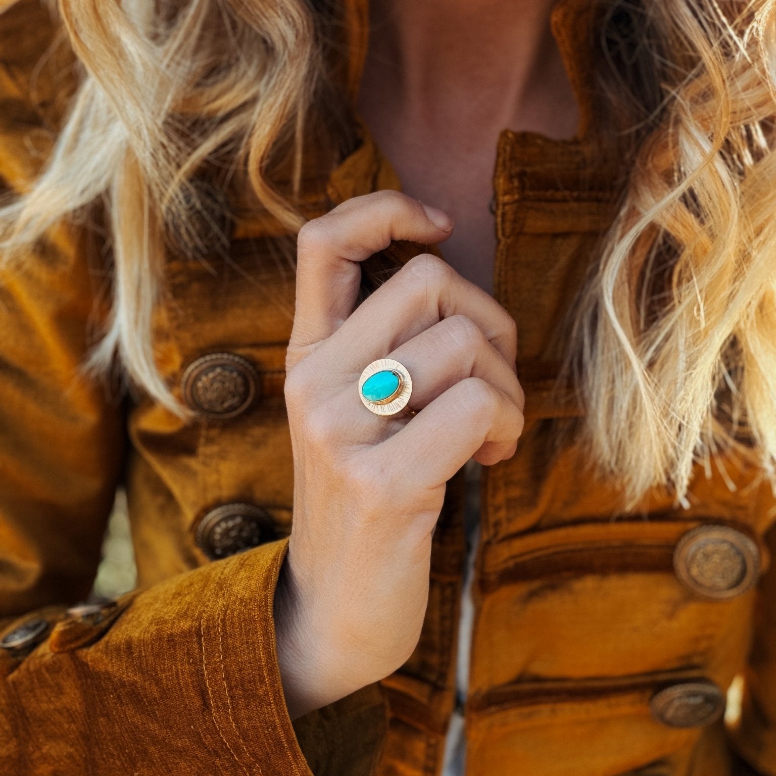 The Golden Sun Ring in Carico Lake Turquoise (Size 7) - Golden Road Crafted