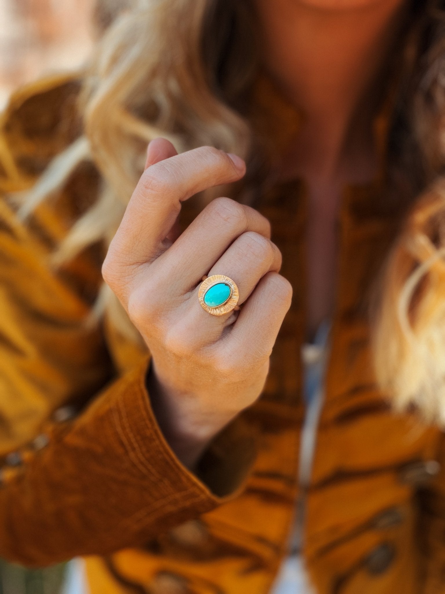 The Golden Sun Ring in Carico Lake Turquoise (Size 7) - Golden Road Crafted