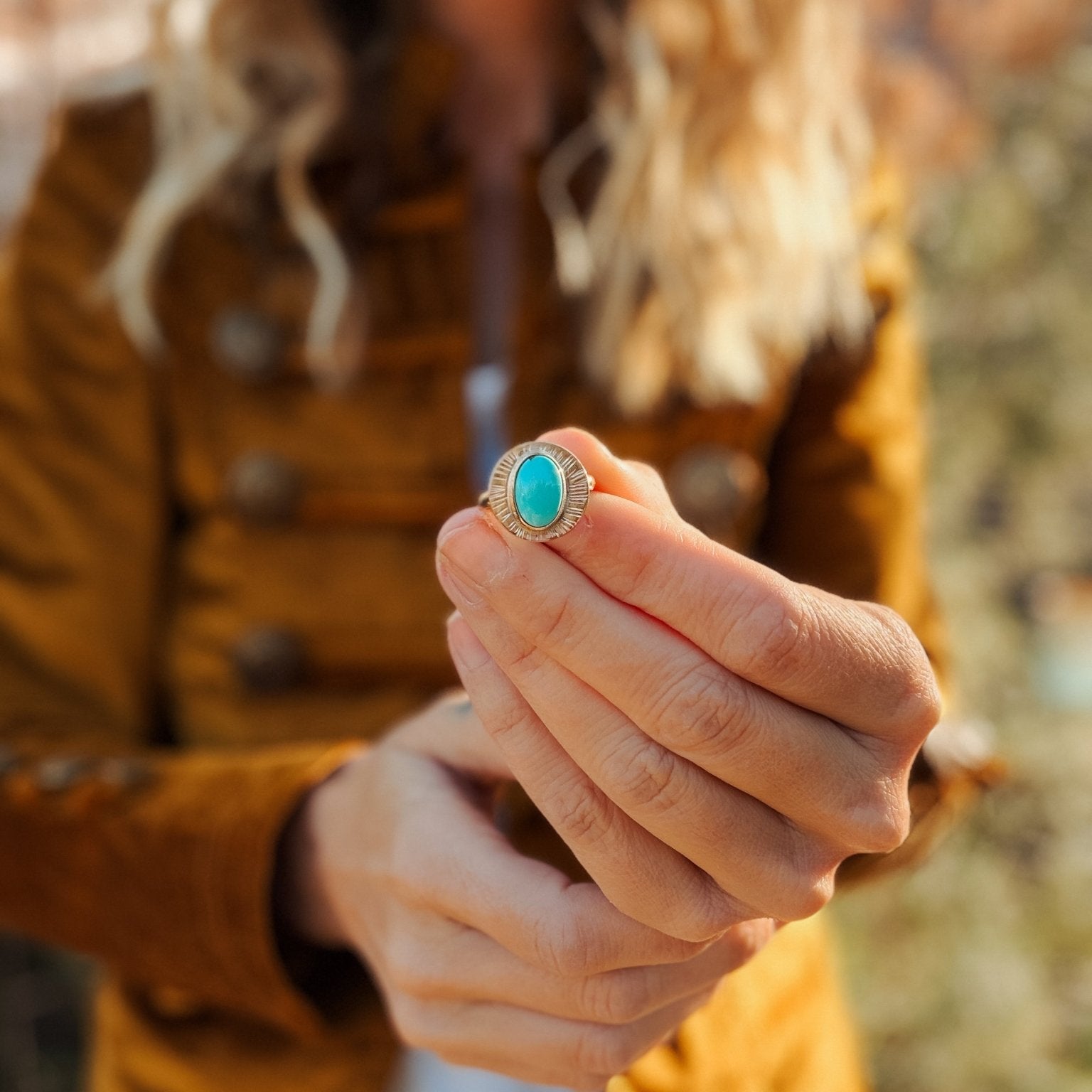The Golden Sun Ring in Carico Lake Turquoise (Size 7) - Golden Road Crafted