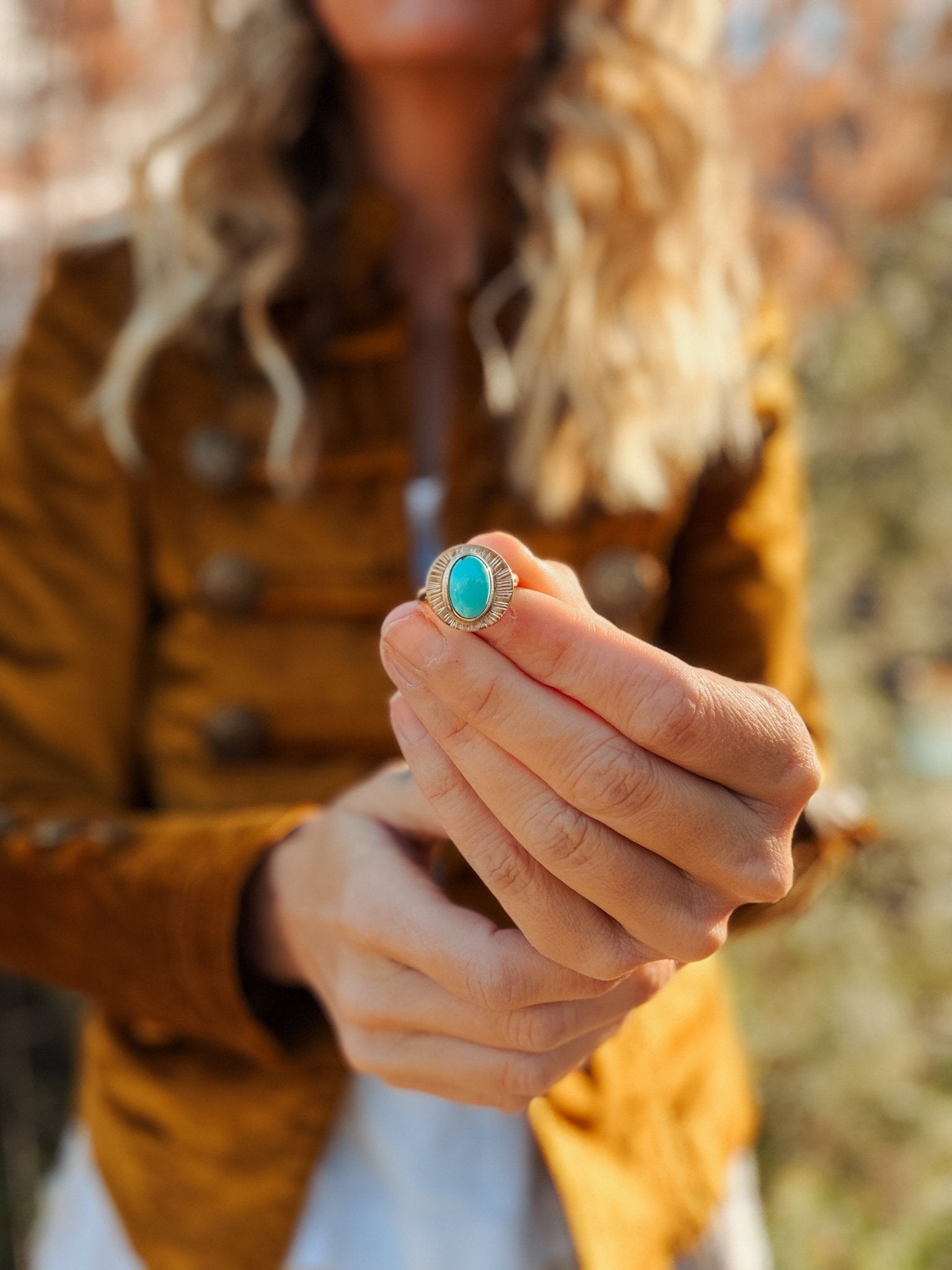 The Golden Sun Ring in Carico Lake Turquoise (Size 7) - Golden Road Crafted