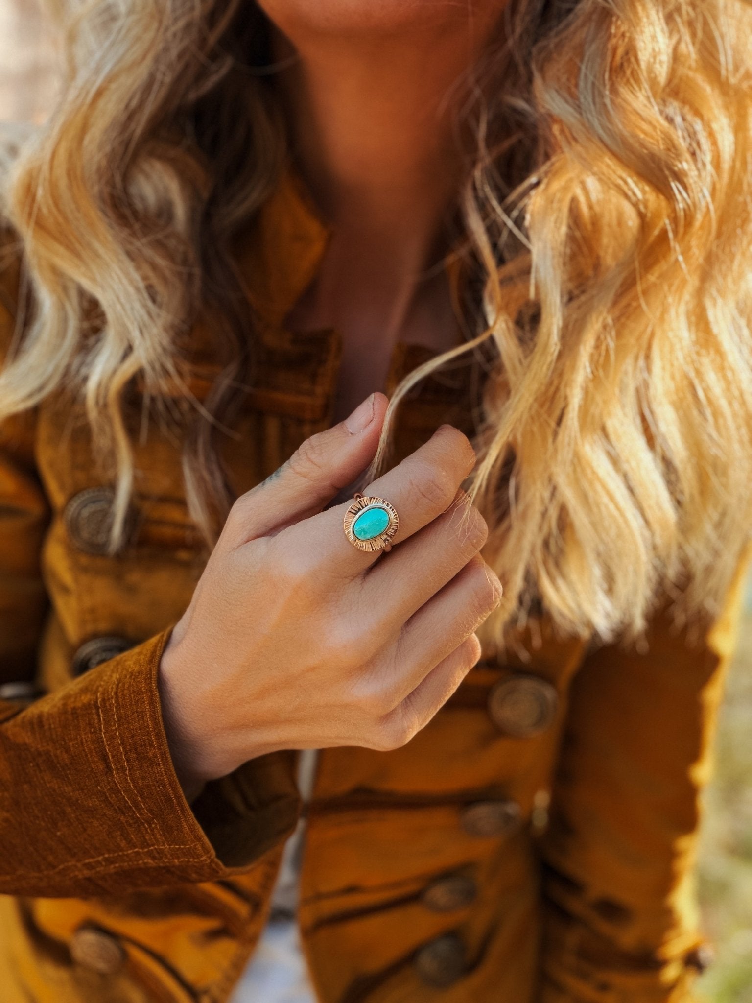 The Golden Sun Ring in Carico Lake Turquoise (Size 7.5) - Golden Road Crafted