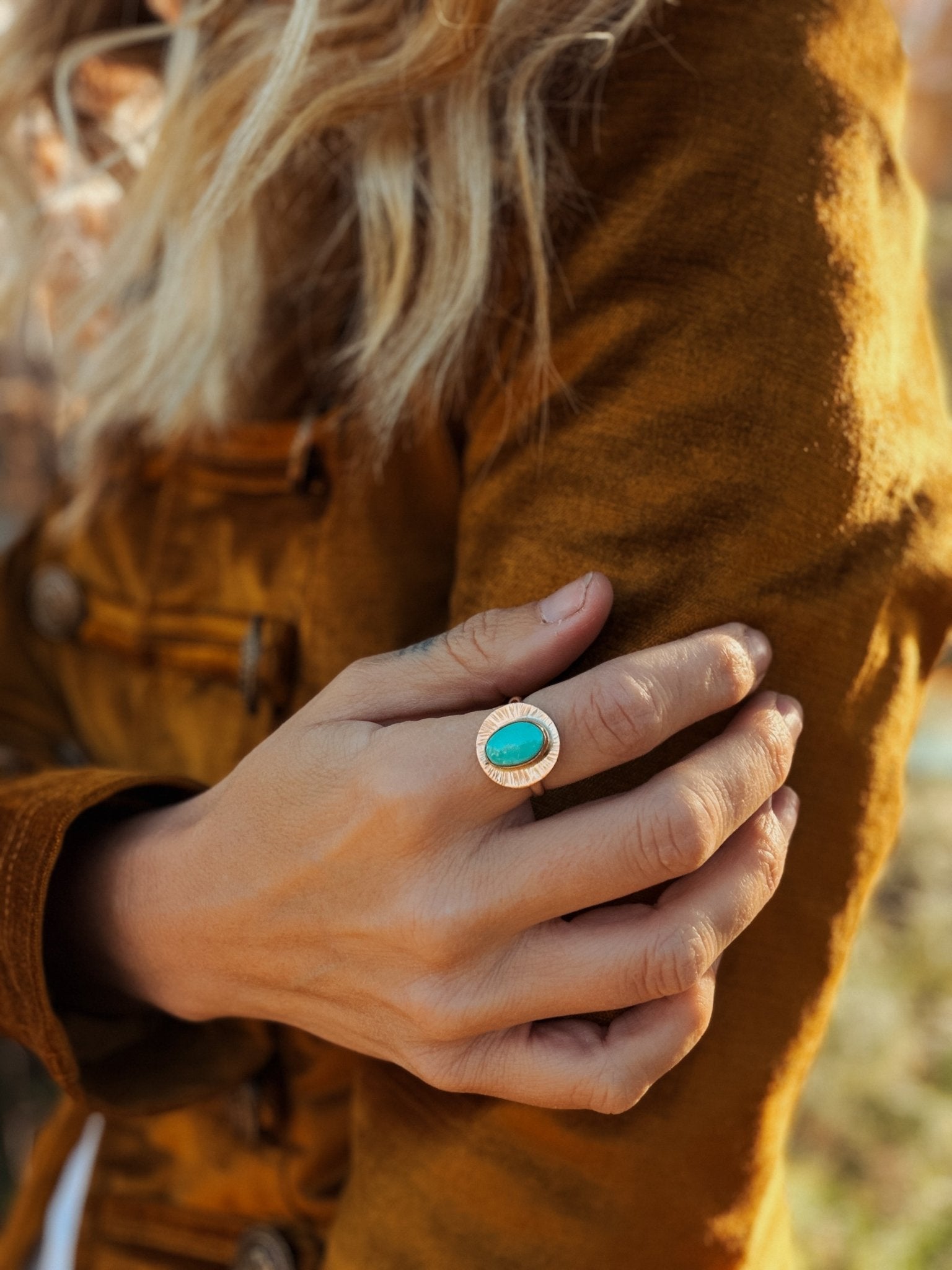The Golden Sun Ring in Carico Lake Turquoise (Size 7.5) - Golden Road Crafted