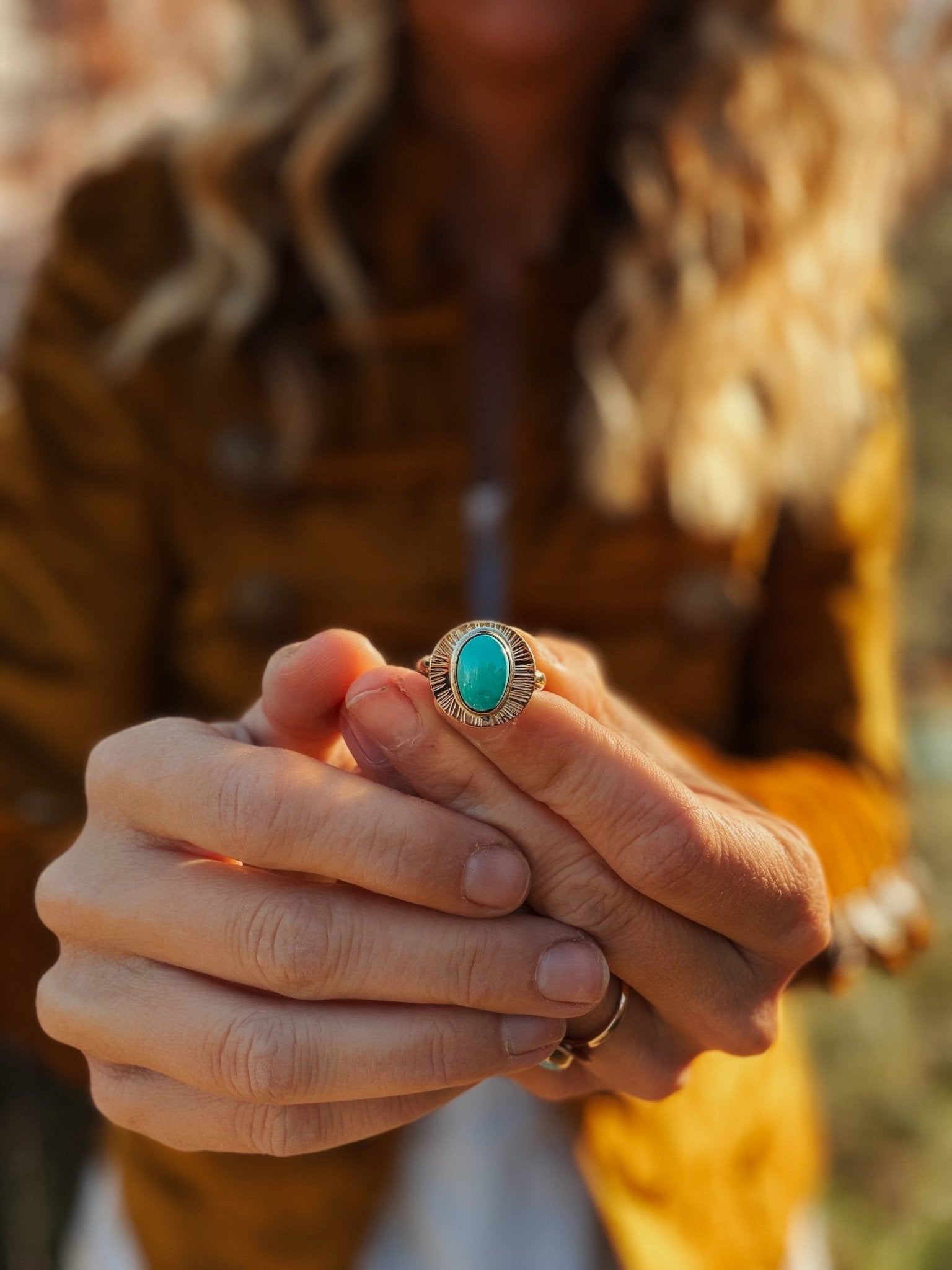 The Golden Sun Ring in Carico Lake Turquoise (Size 7.5) - Golden Road Crafted
