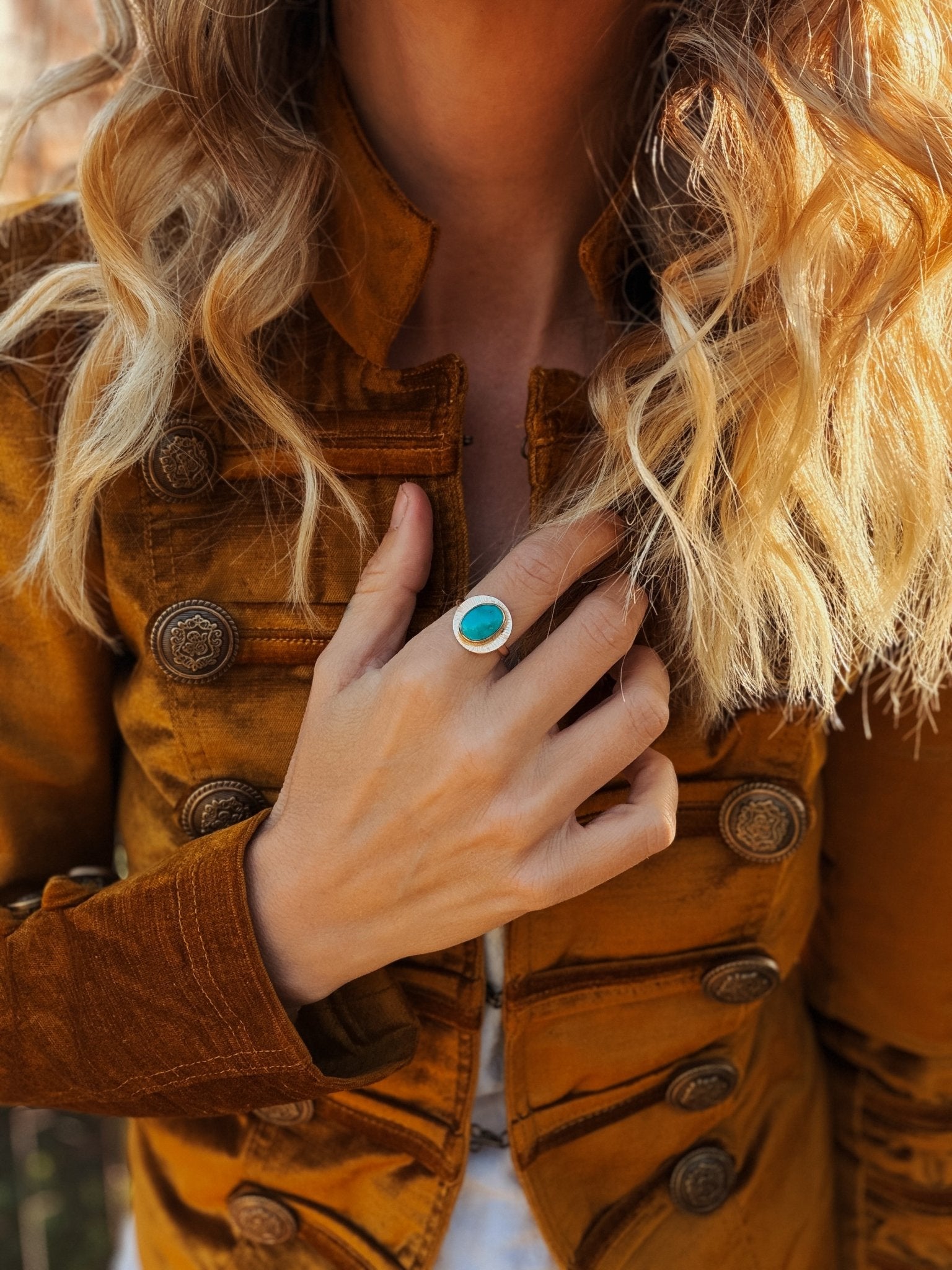 The Golden Sun Ring in Carico Lake Turquoise (Size 8.5) - Golden Road Crafted