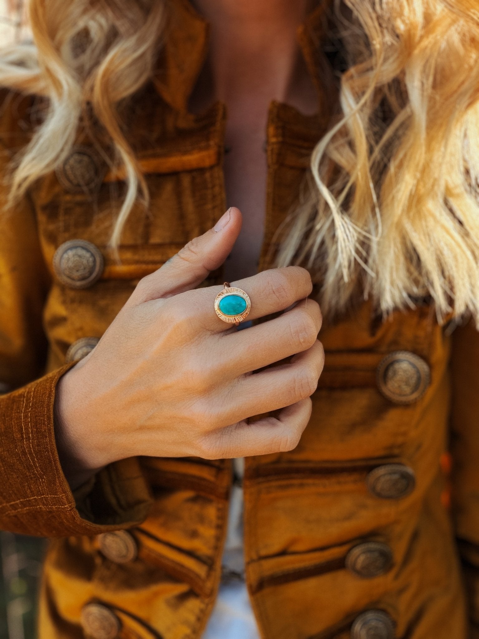 The Golden Sun Ring in Carico Lake Turquoise (Size 8.5) - Golden Road Crafted