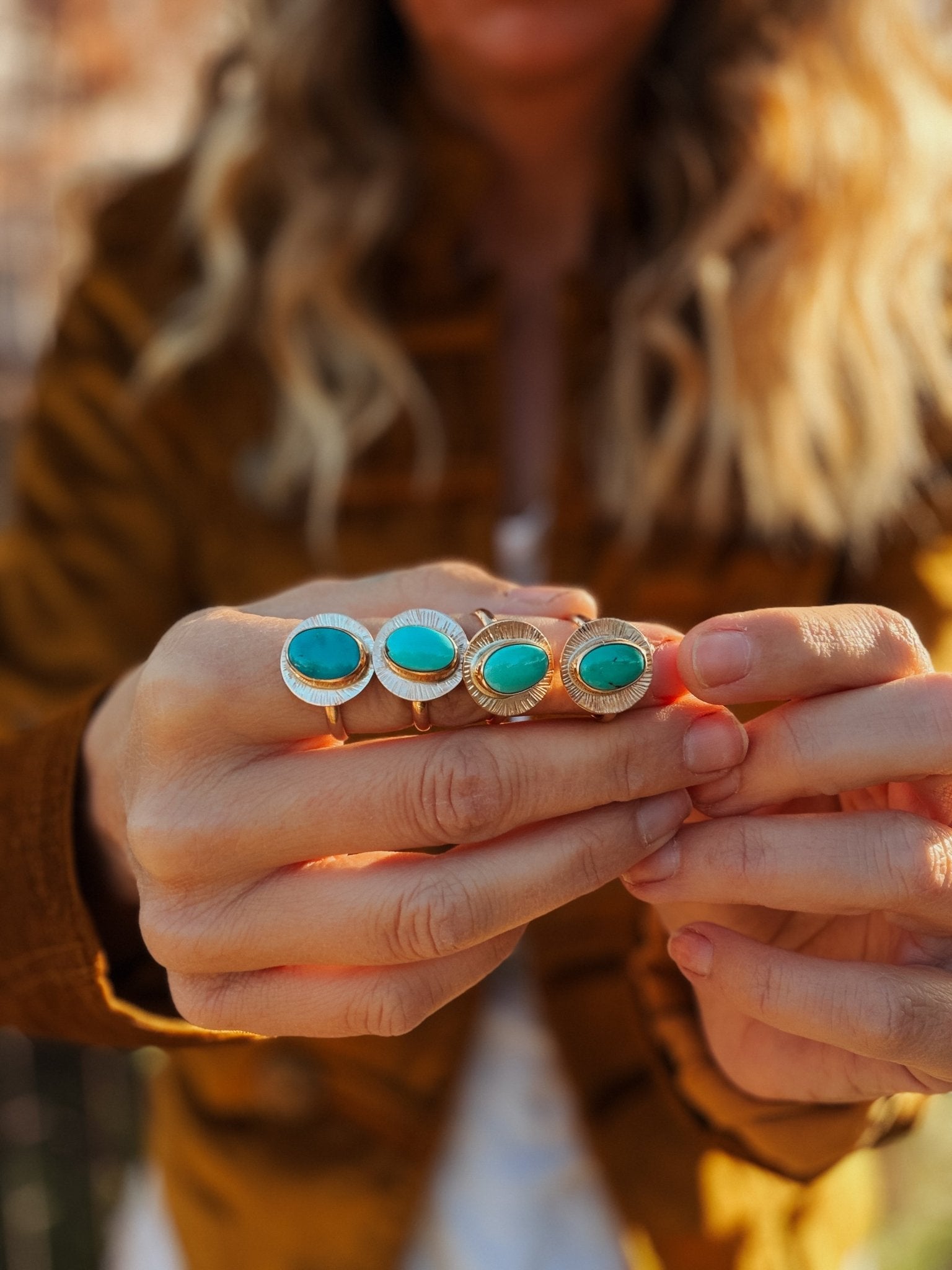 The Golden Sun Ring in Carico Lake Turquoise (Size 8.5) - Golden Road Crafted