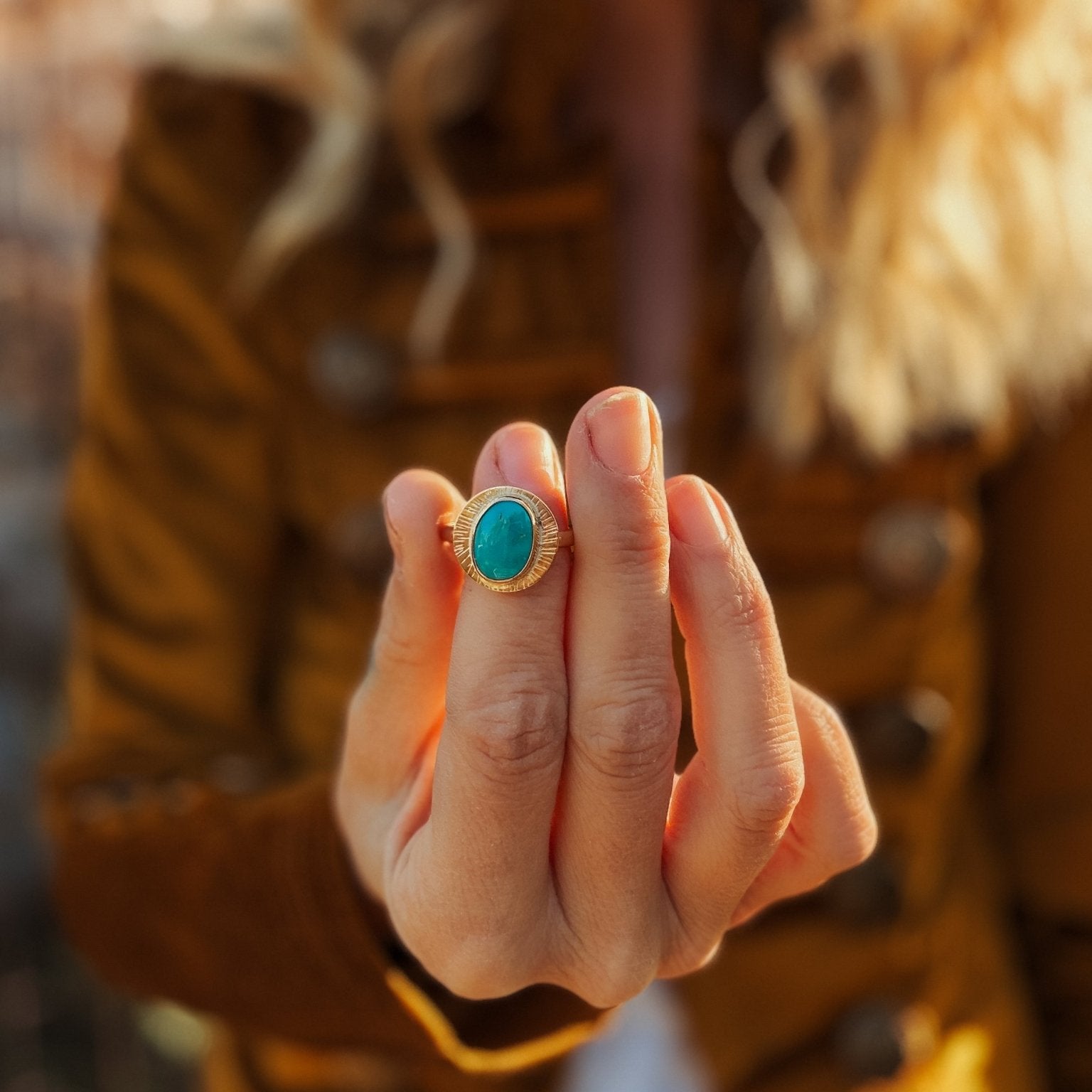 The Golden Sun Ring in Carico Lake Turquoise (Size 8.5) - Golden Road Crafted