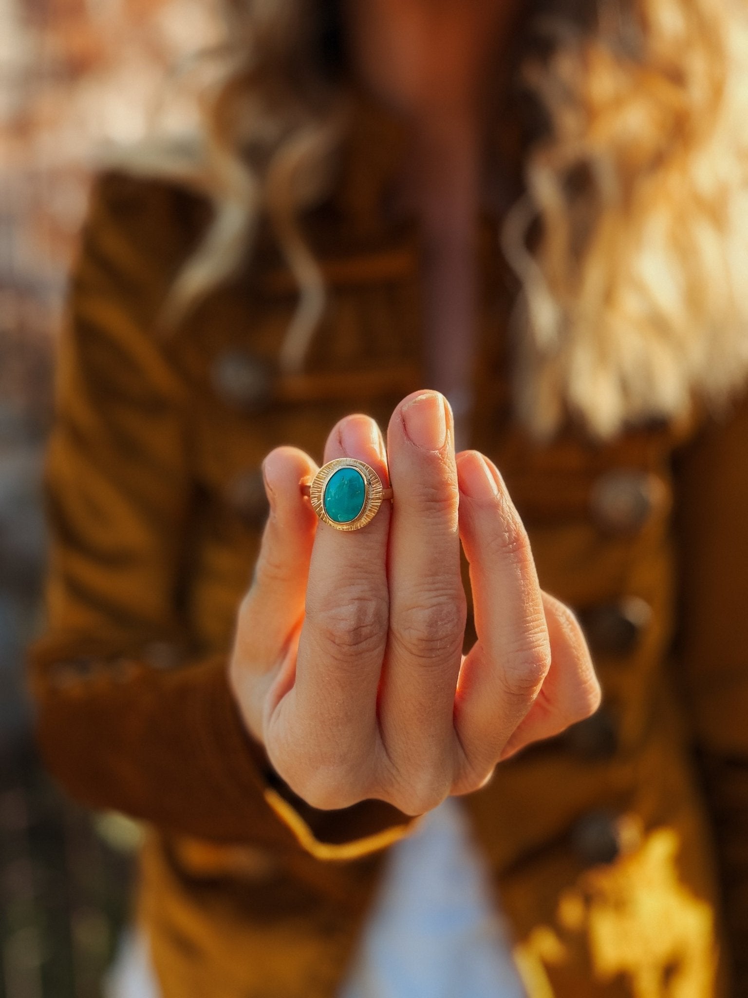 The Golden Sun Ring in Carico Lake Turquoise (Size 8.5) - Golden Road Crafted