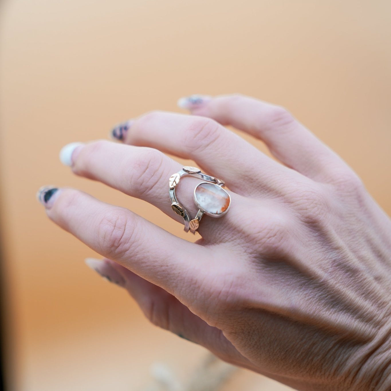 The Healer Gold Leaf Stacker Set in Healer Quartz (Size 7) - Golden Road Crafted