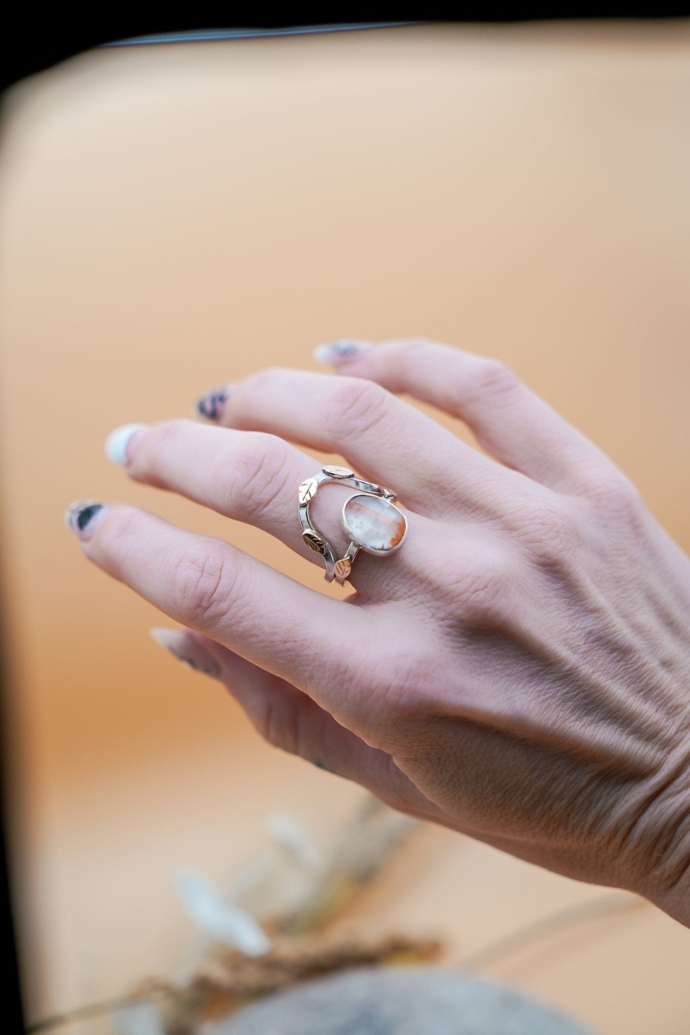The Healer Gold Leaf Stacker Set in Healer Quartz (Size 7) - Golden Road Crafted