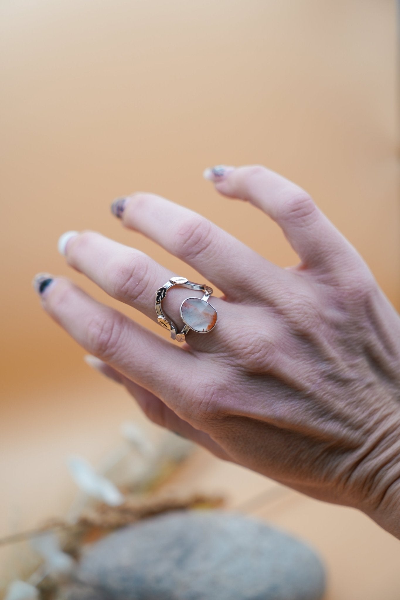 The Healer Gold Leaf Stacker Set in Healer Quartz (Size 7) - Golden Road Crafted