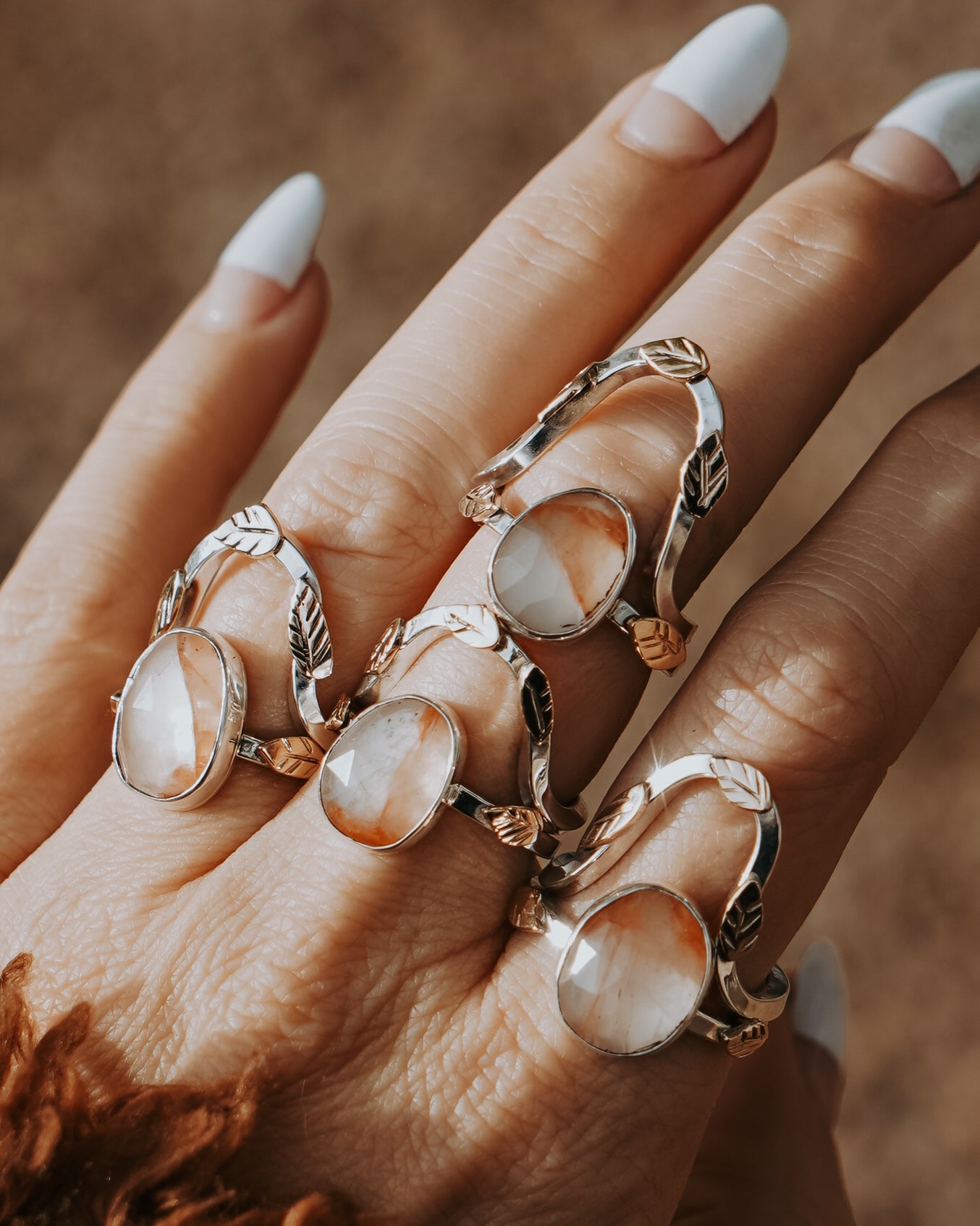 The Healer Gold Leaf Stacker Set in Healer Quartz (Size 7) - Golden Road Crafted