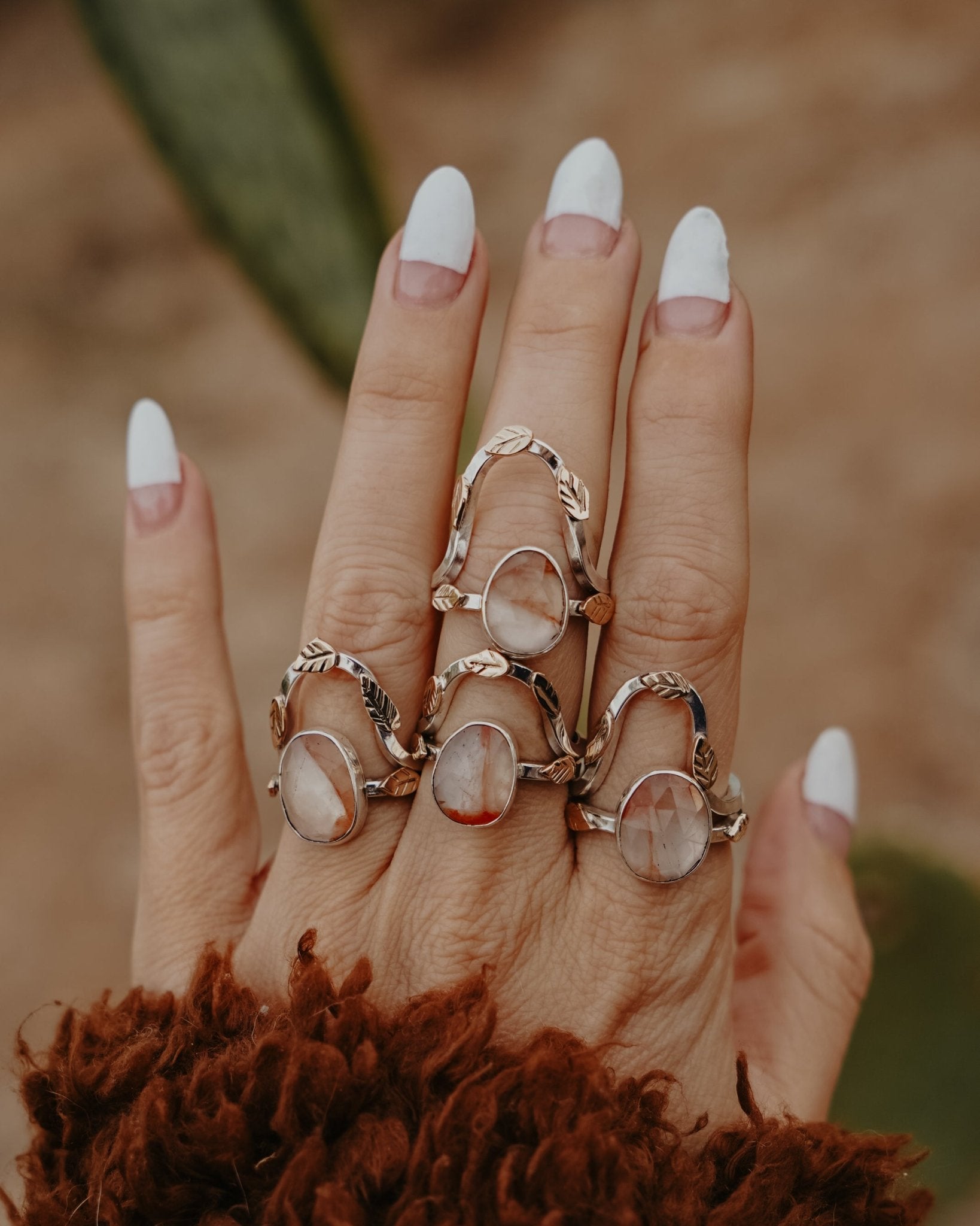 The Healer Gold Leaf Stacker Set in Healer Quartz (Size 8) - Golden Road Crafted