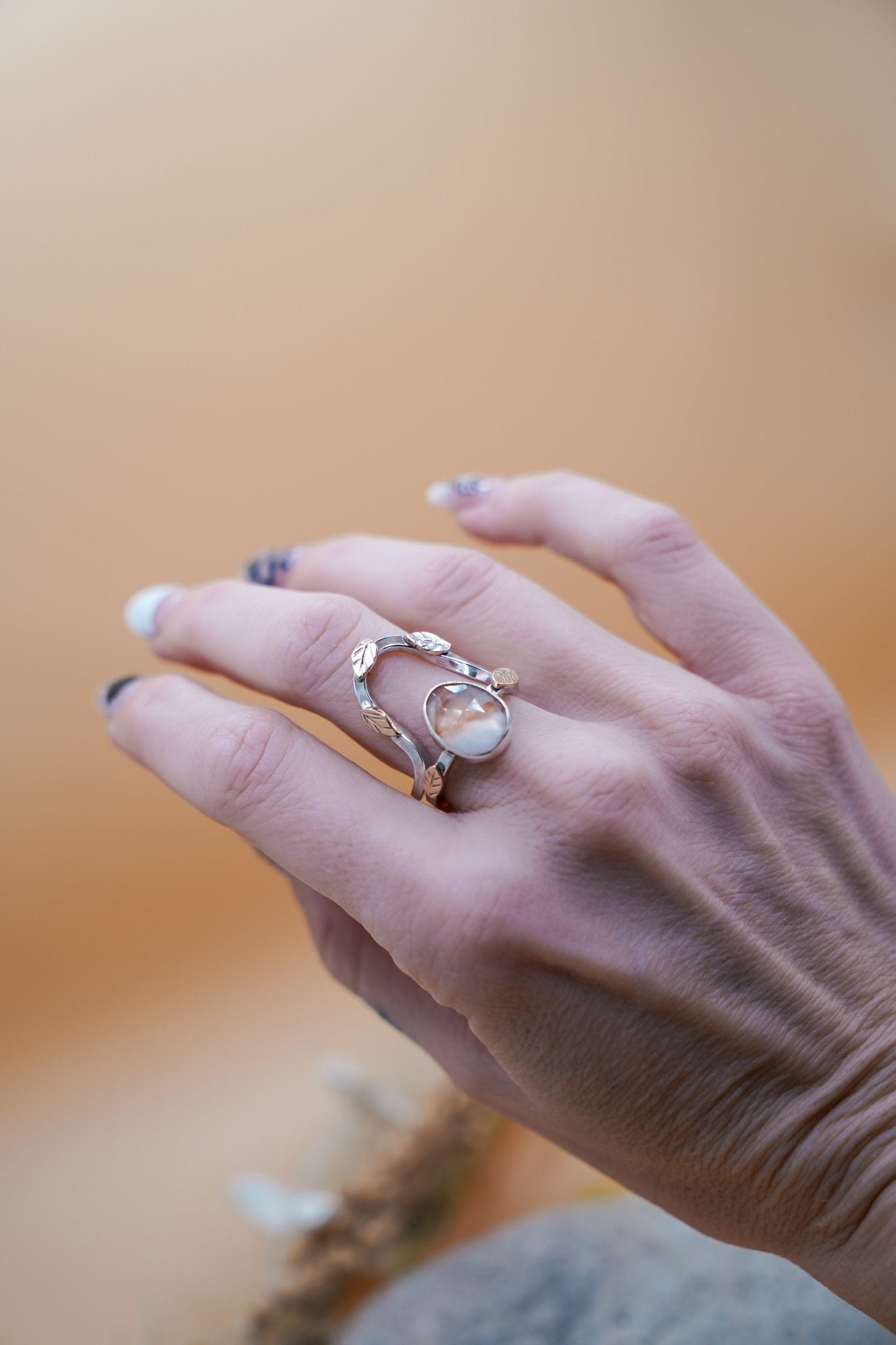 The Healer Gold Leaf Stacker Set in Healer Quartz (Size 8) - Golden Road Crafted