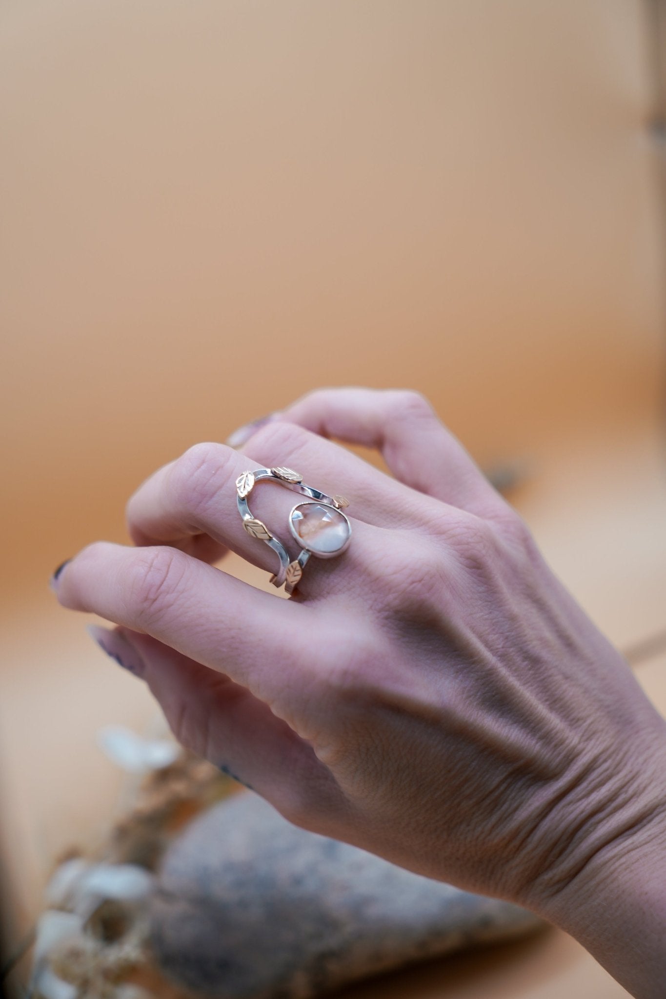 The Healer Gold Leaf Stacker Set in Healer Quartz (Size 8) - Golden Road Crafted