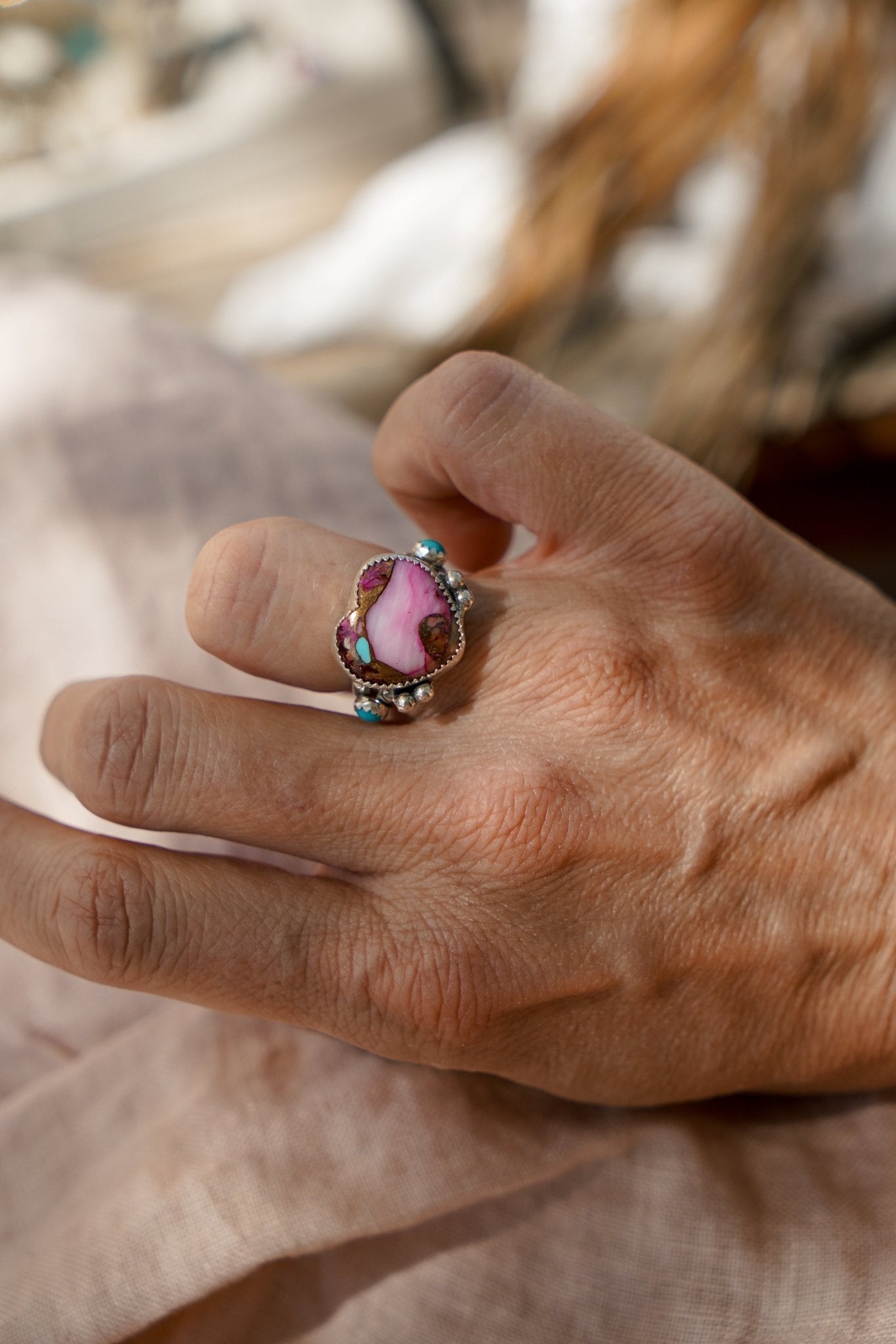 The Lover's Ring in Pink Dahlia (Size 6.75) - Golden Road Crafted