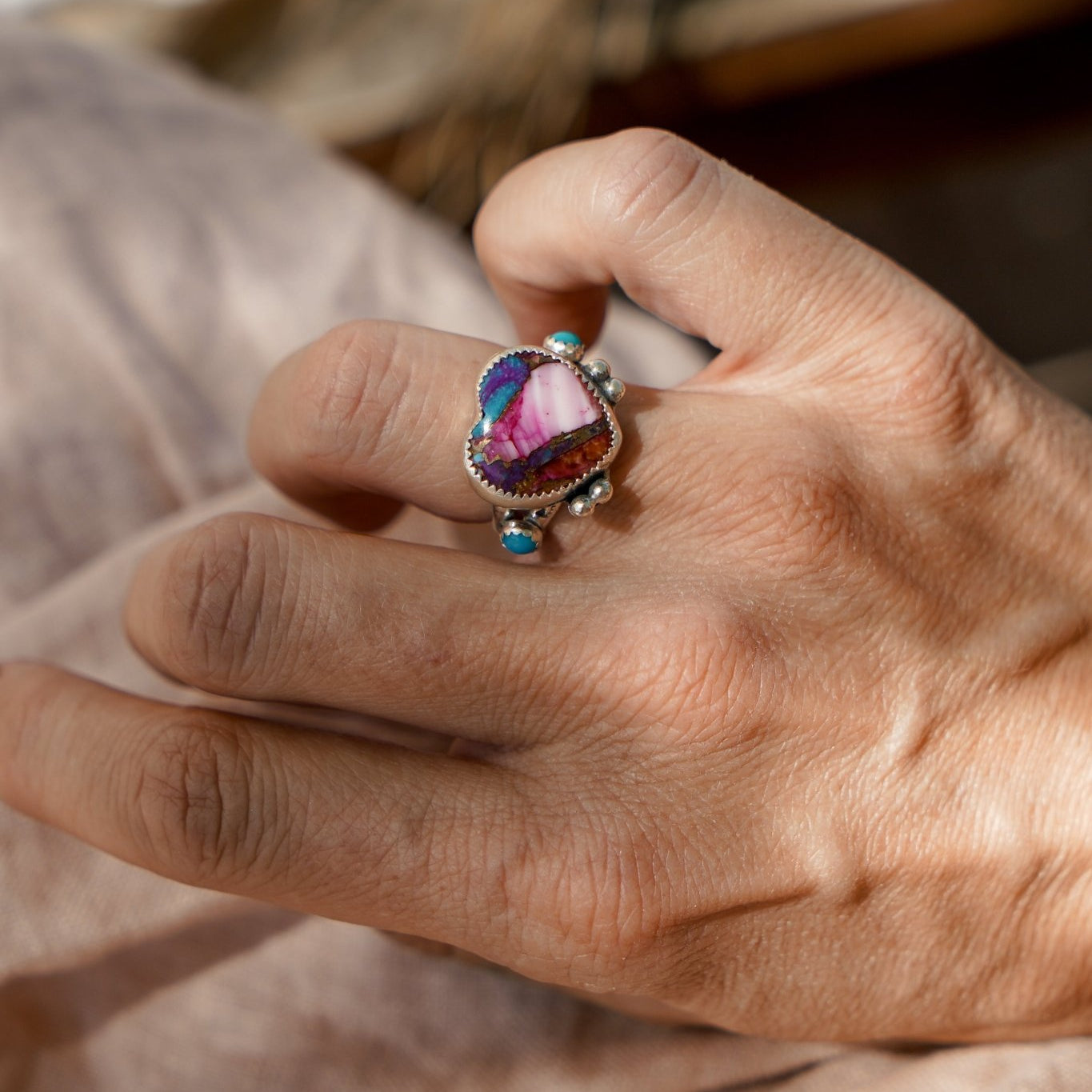 The Lover's Ring in Pink Dahlia (Size 7) - Golden Road Crafted