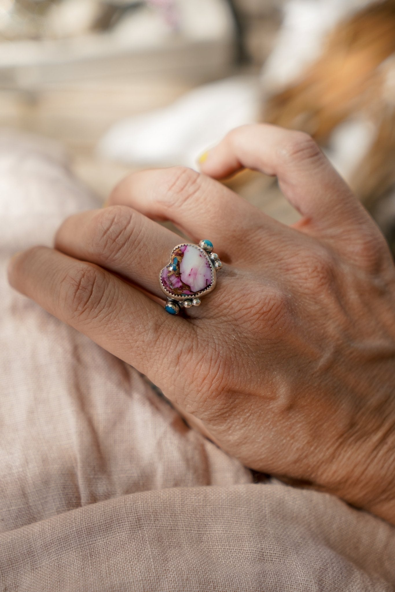 The Lover's Ring in Pink Dahlia (Size 8) - Golden Road Crafted