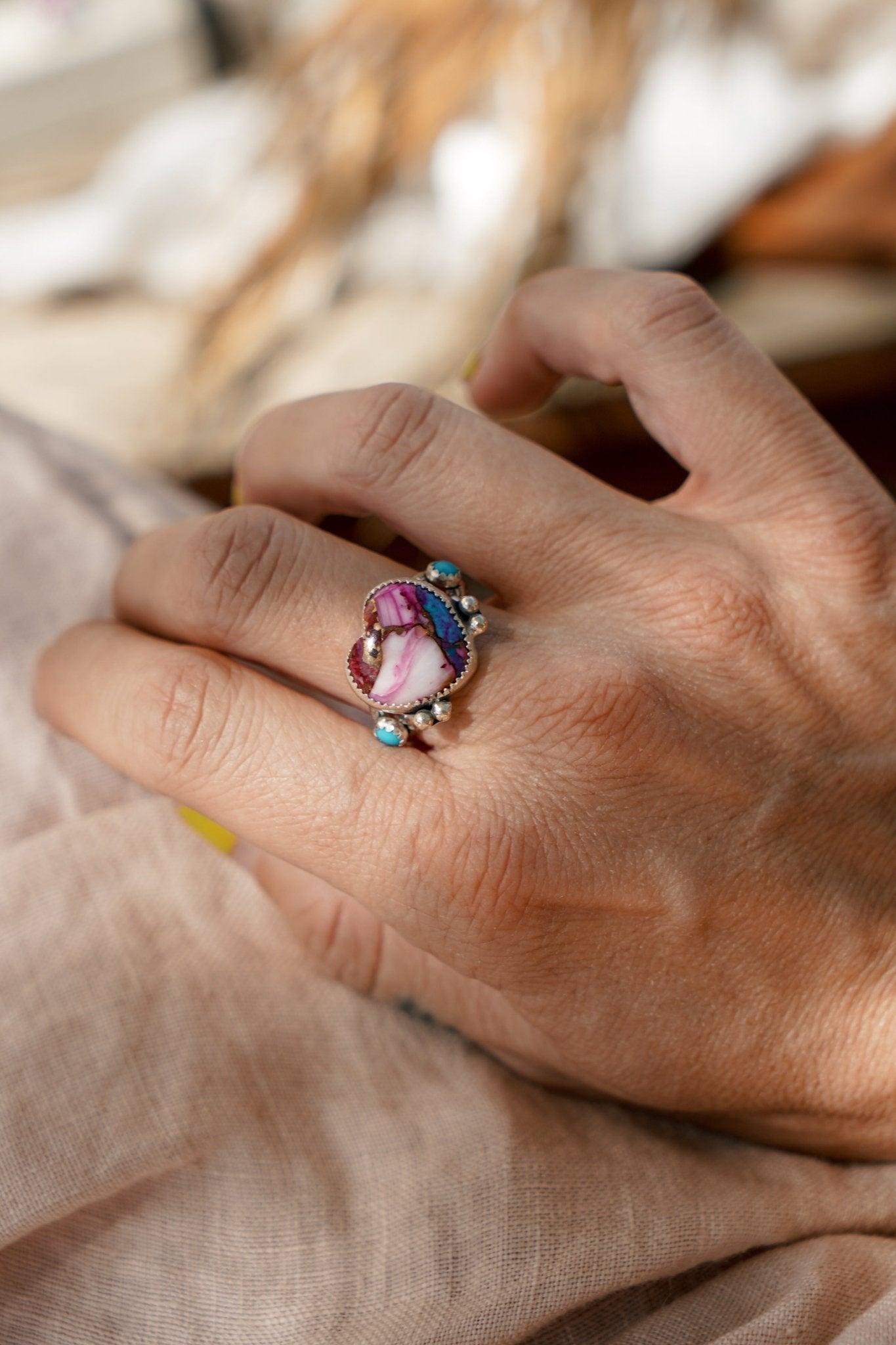 The Lover's Ring in Pink Dahlia (Size 9) - Golden Road Crafted