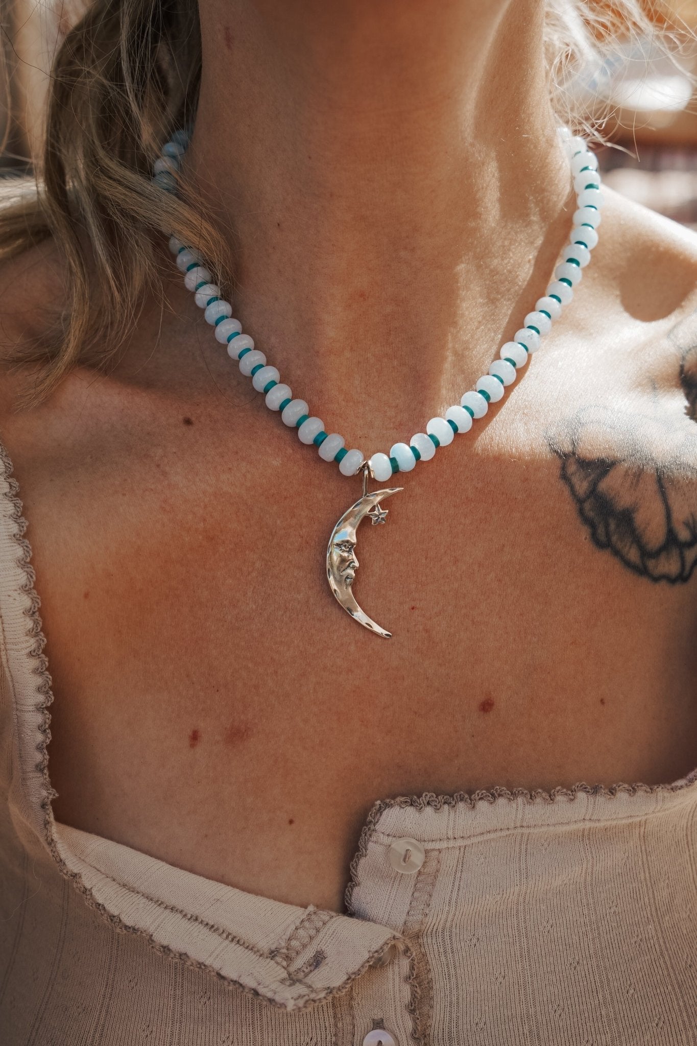 The Lunara Necklace in Aquamarine + Glass Beads - Golden Road Crafted