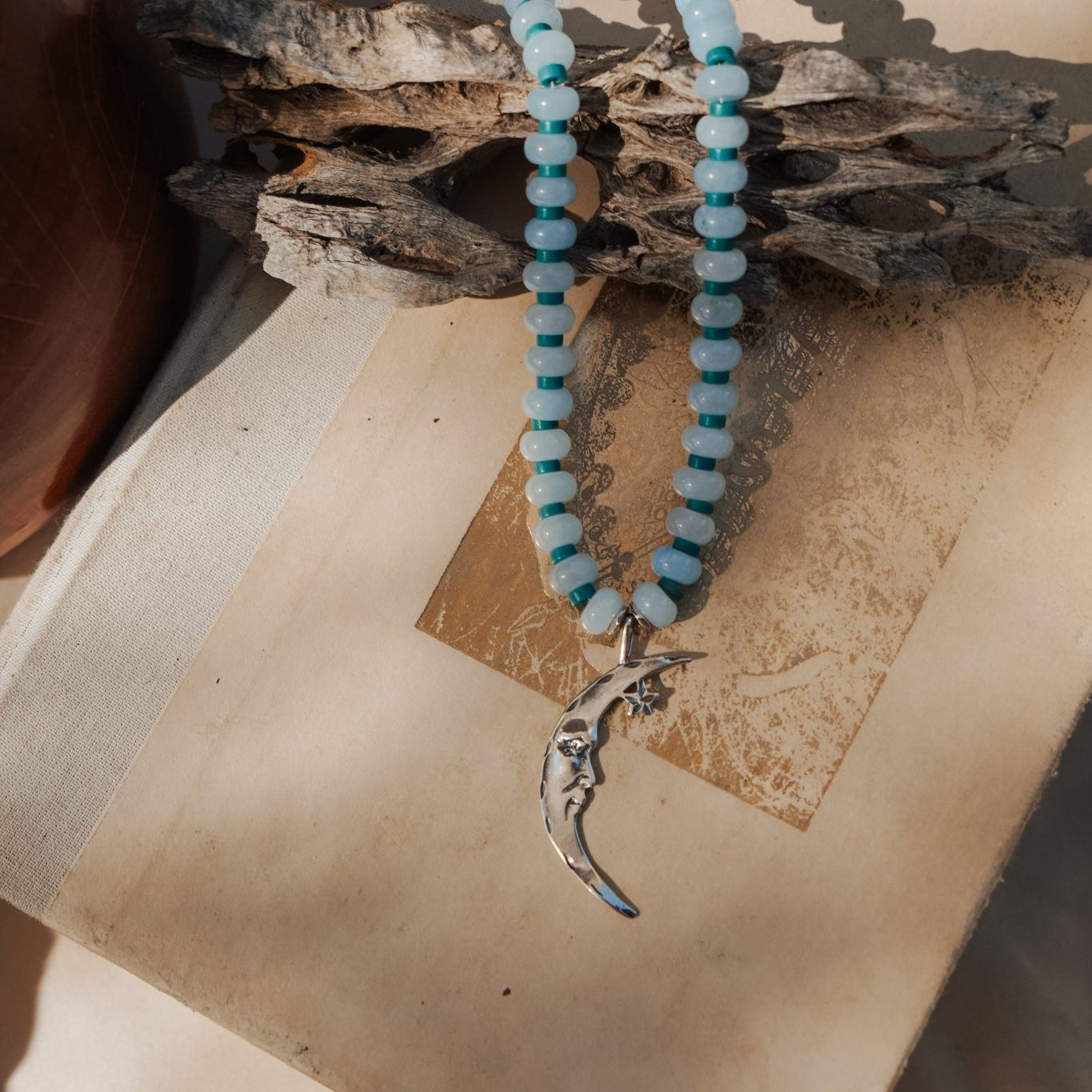 The Lunara Necklace in Aquamarine + Glass Beads - Golden Road Crafted