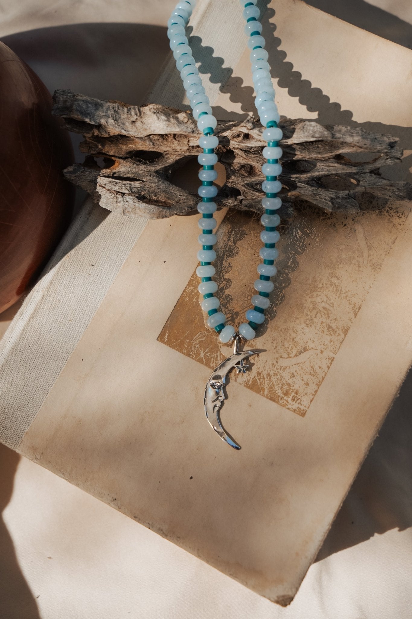 The Lunara Necklace in Aquamarine + Glass Beads - Golden Road Crafted
