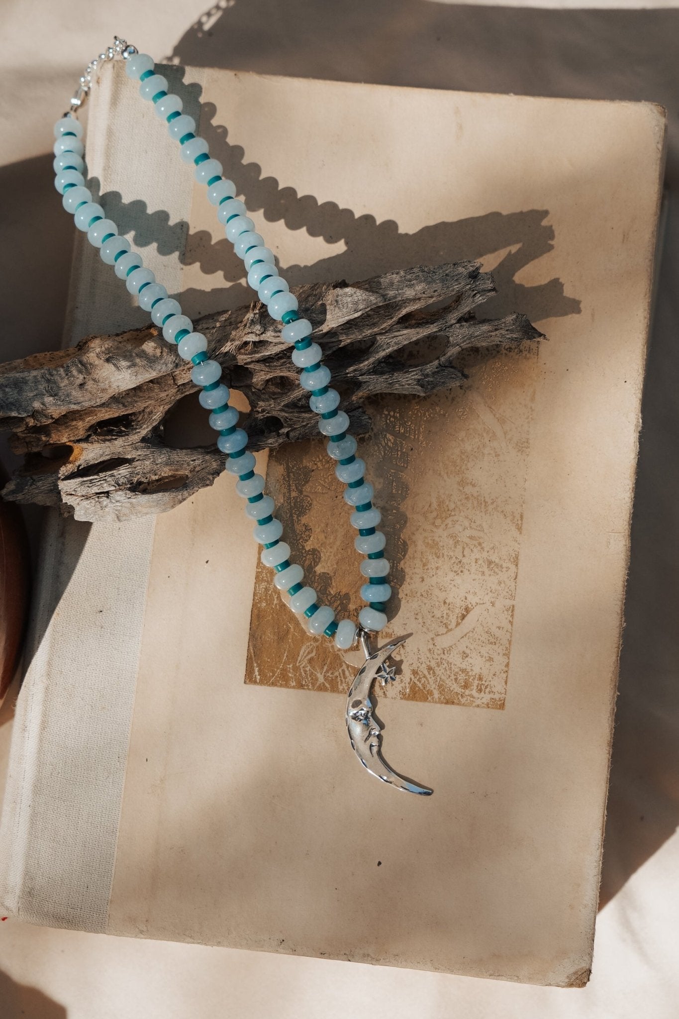 The Lunara Necklace in Aquamarine + Glass Beads - Golden Road Crafted