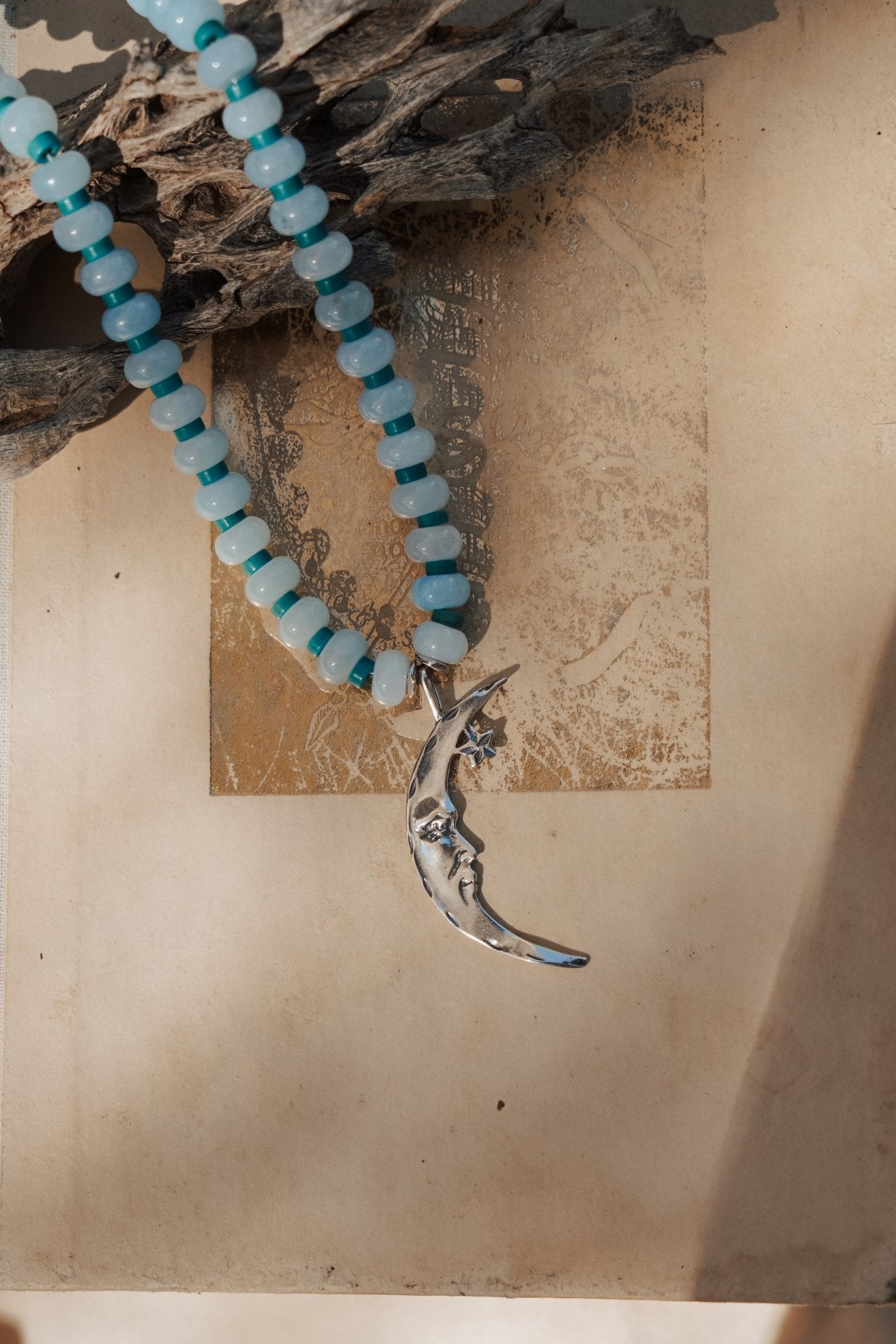 The Lunara Necklace in Aquamarine + Glass Beads - Golden Road Crafted