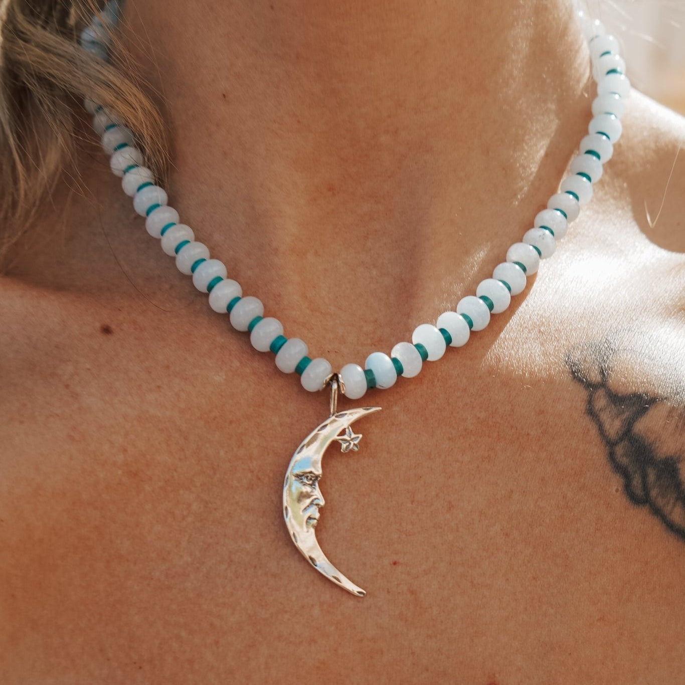 The Lunara Necklace in Aquamarine + Glass Beads - Golden Road Crafted