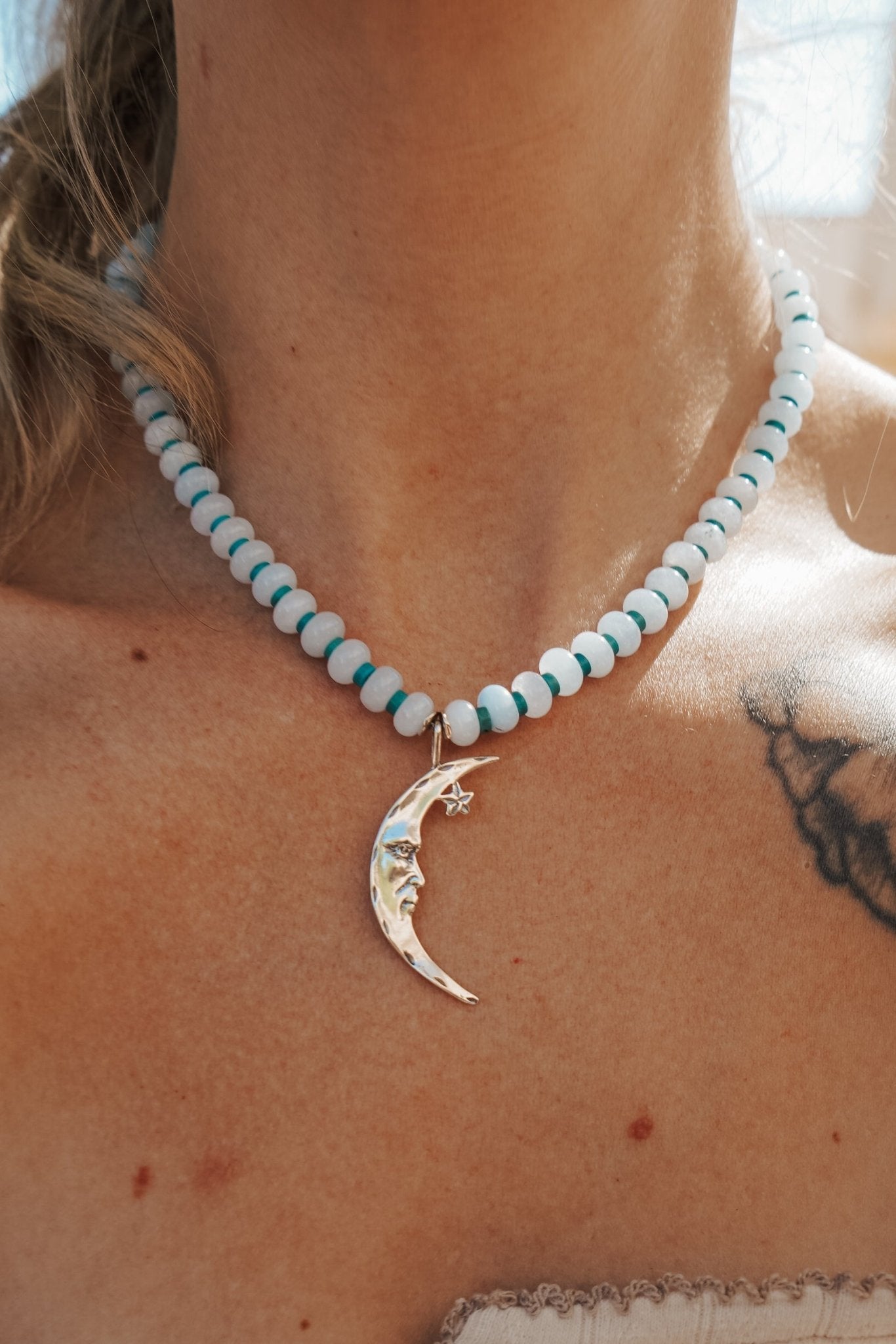 The Lunara Necklace in Aquamarine + Glass Beads - Golden Road Crafted