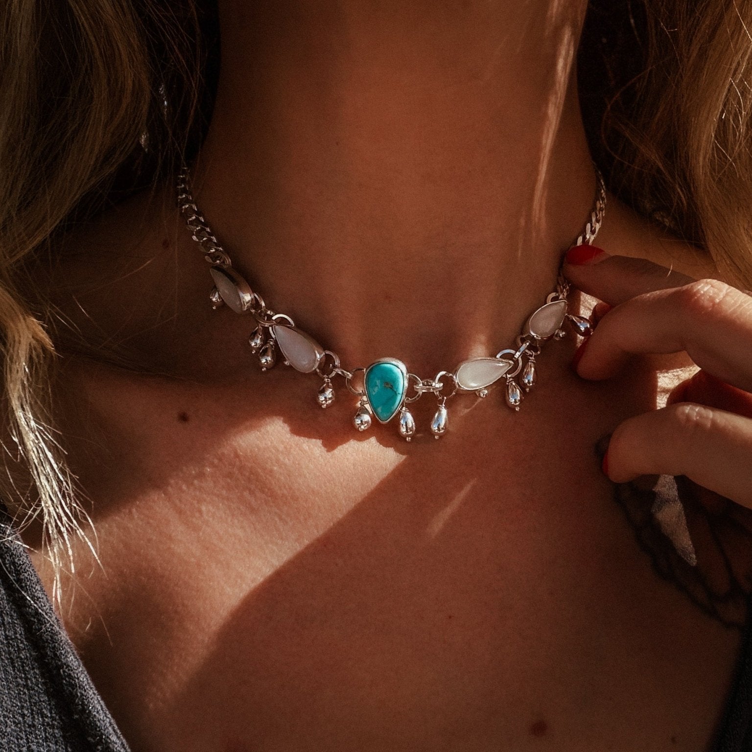 The Monsoon Choker in Blue Ridge Turquoise & Moonstone - Golden Road Crafted