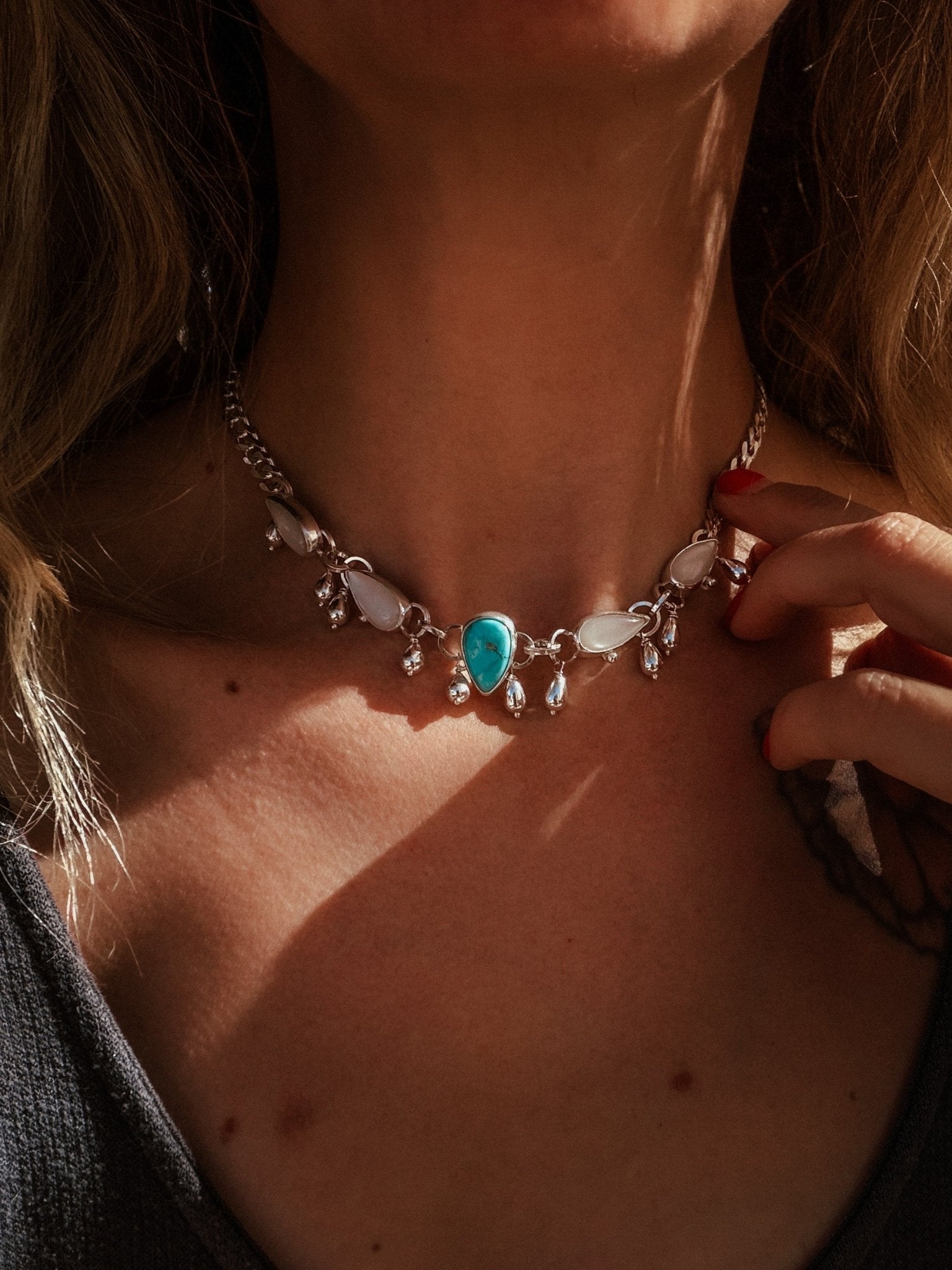 The Monsoon Choker in Blue Ridge Turquoise & Moonstone - Golden Road Crafted