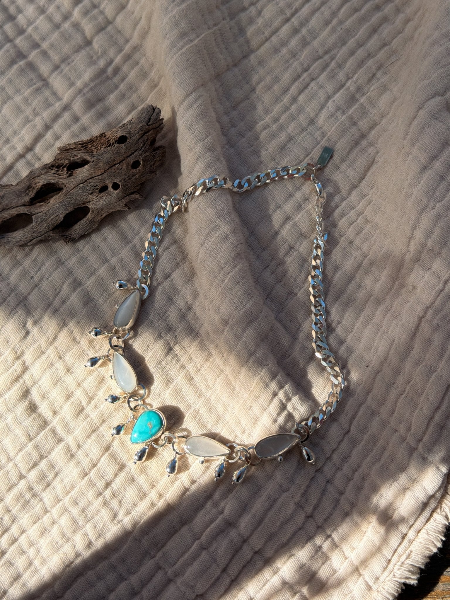 The Monsoon Choker in Blue Ridge Turquoise & Moonstone - Golden Road Crafted