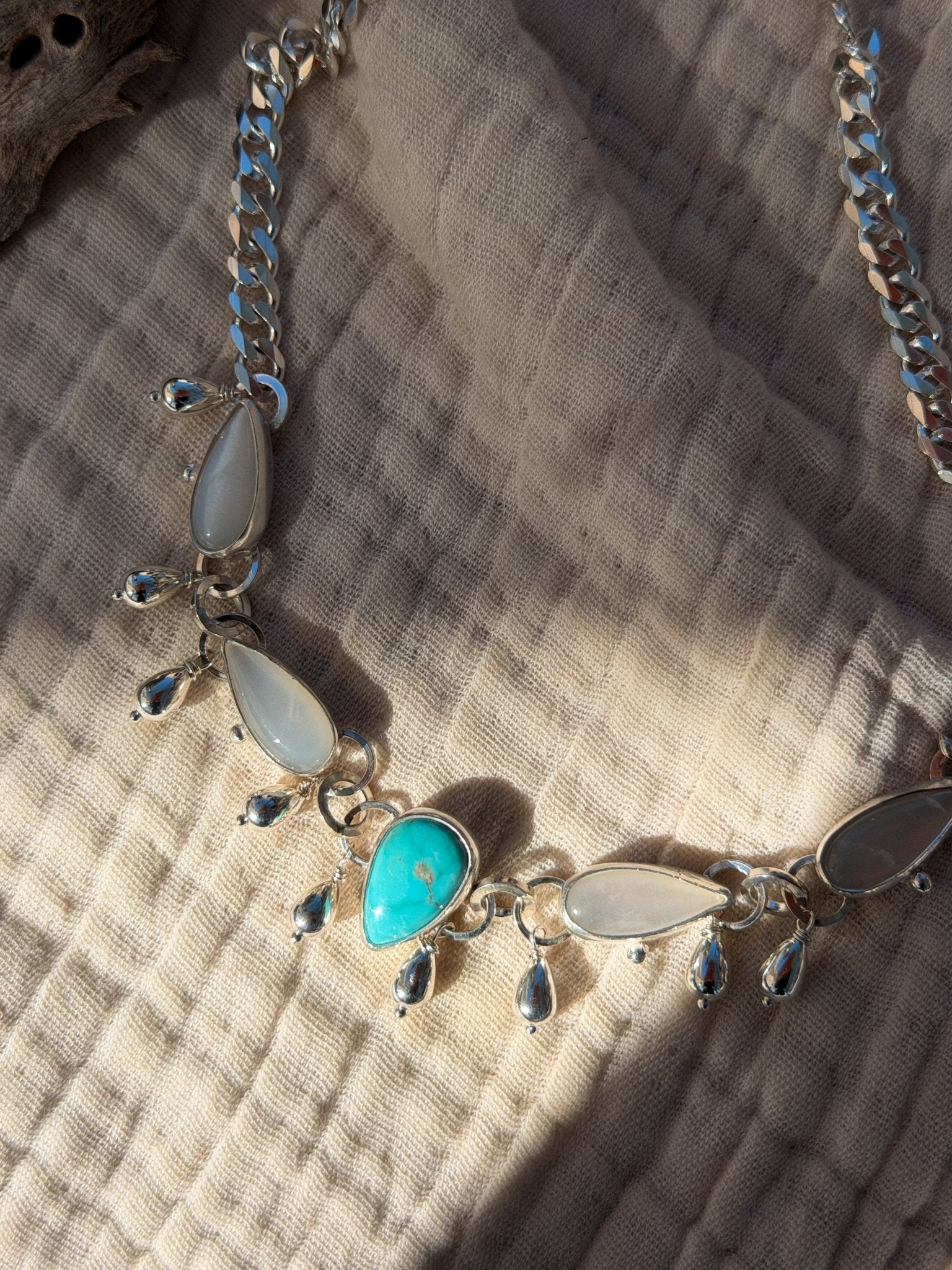 The Monsoon Choker in Blue Ridge Turquoise & Moonstone - Golden Road Crafted