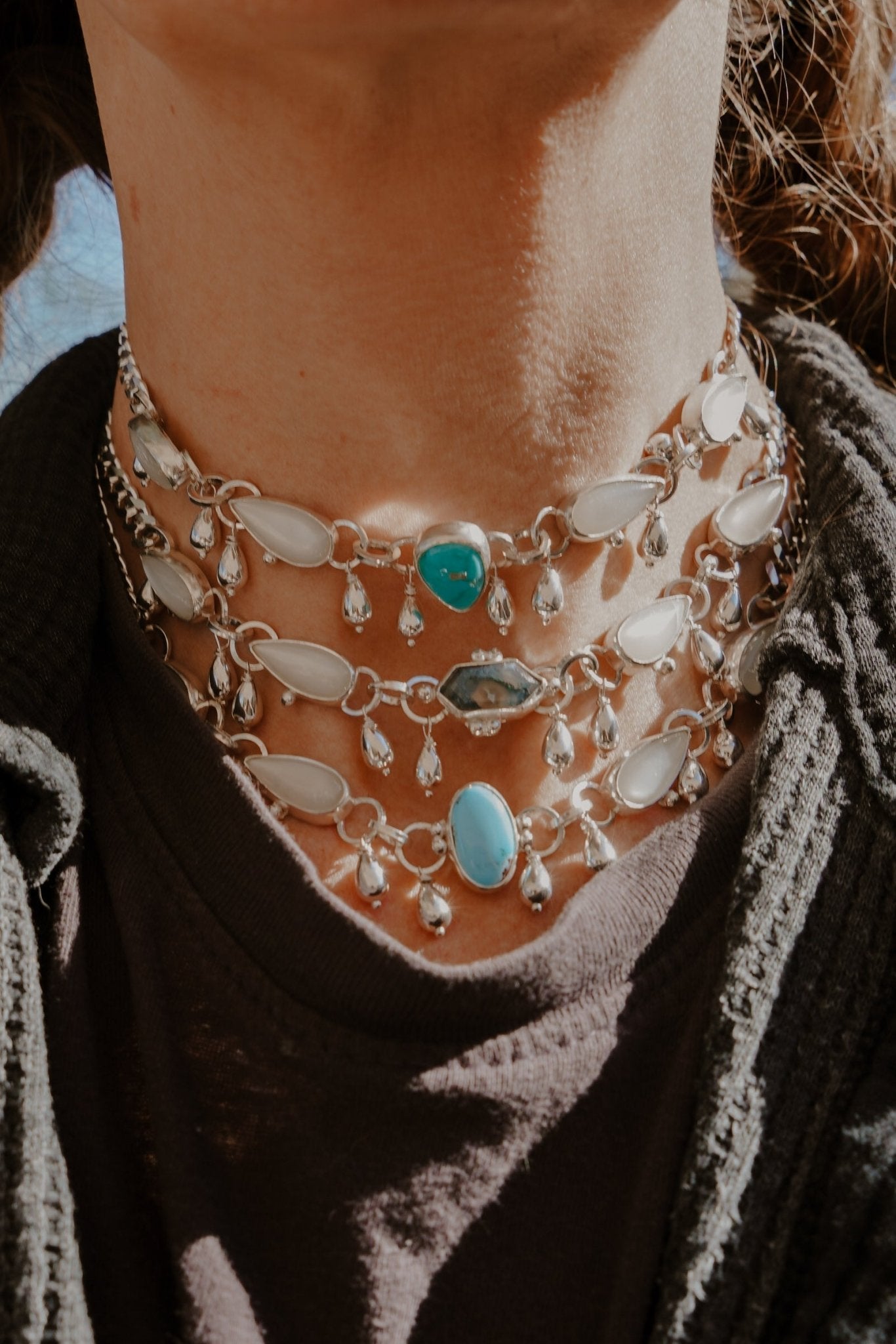 The Monsoon Choker in Blue Ridge Turquoise & Moonstone - Golden Road Crafted