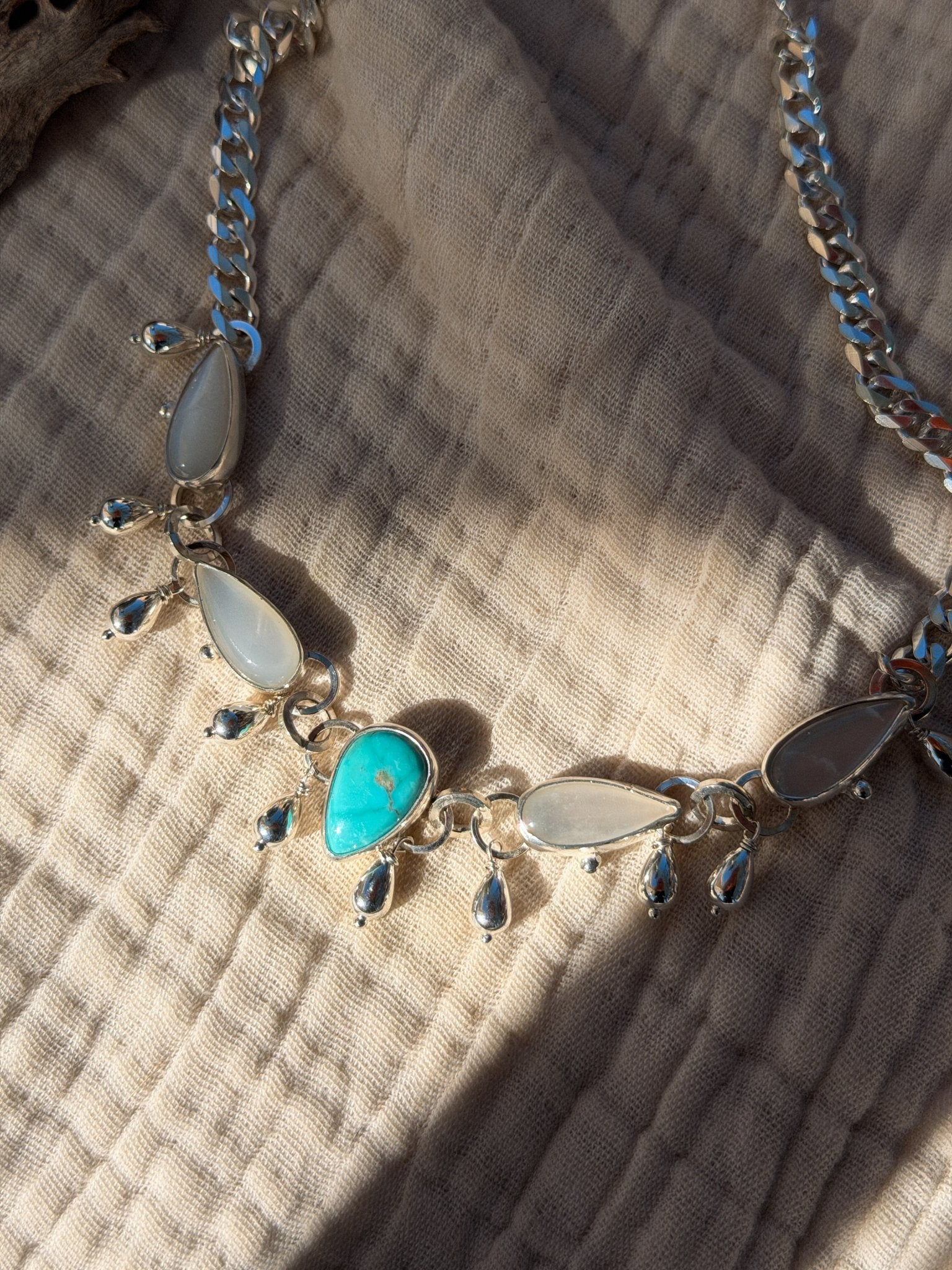 The Monsoon Choker in Blue Ridge Turquoise & Moonstone - Golden Road Crafted