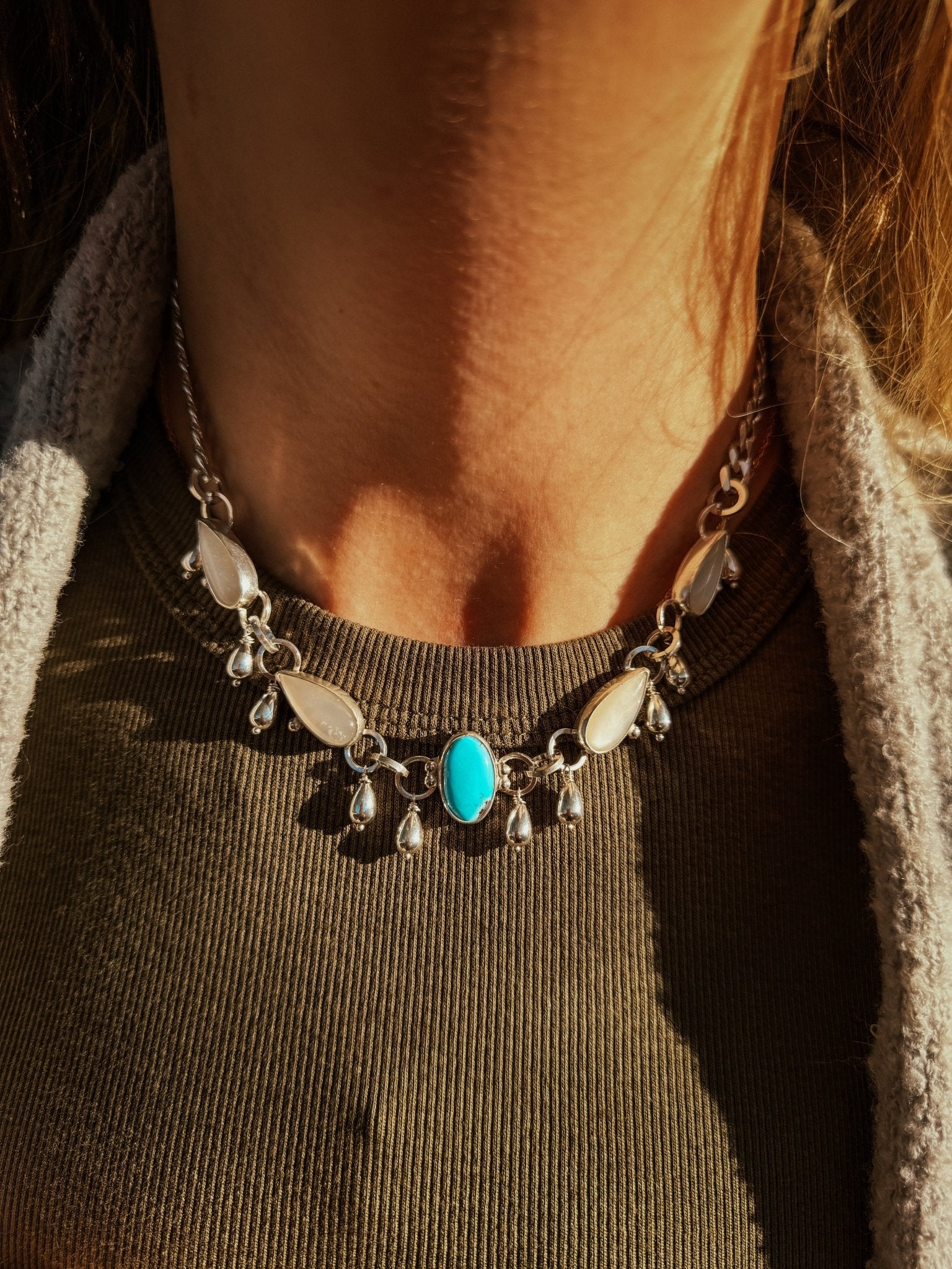 The Monsoon Choker in Golden Hills Turquoise & Moonstone - Golden Road Crafted