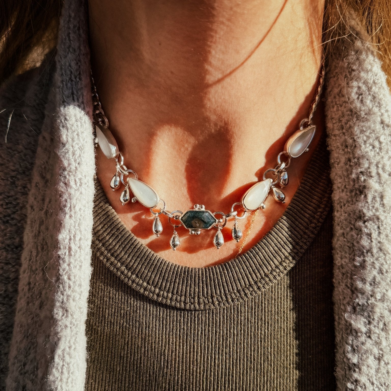 The Monsoon Choker in Moss Agate & Moonstone - Golden Road Crafted