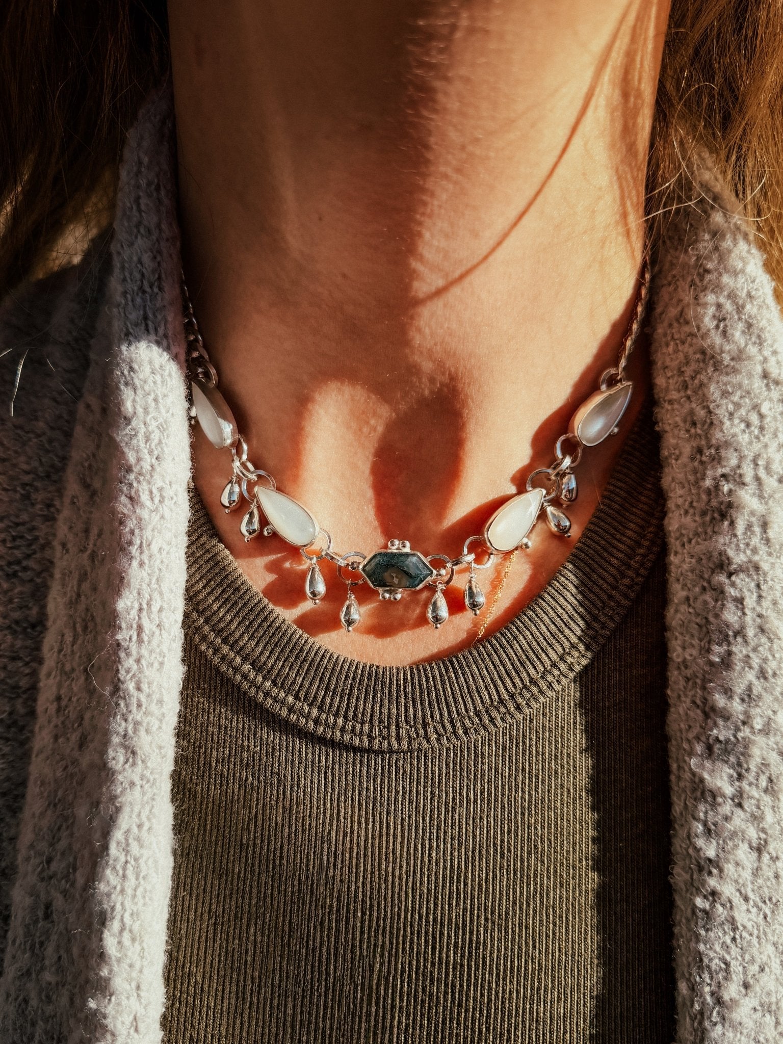 The Monsoon Choker in Moss Agate & Moonstone - Golden Road Crafted