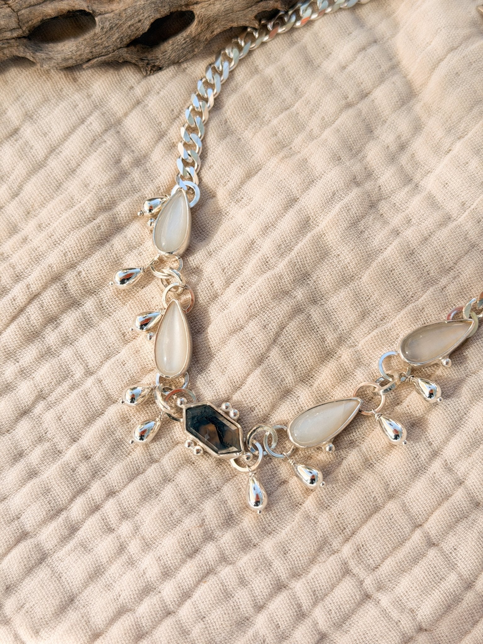 The Monsoon Choker in Moss Agate & Moonstone - Golden Road Crafted