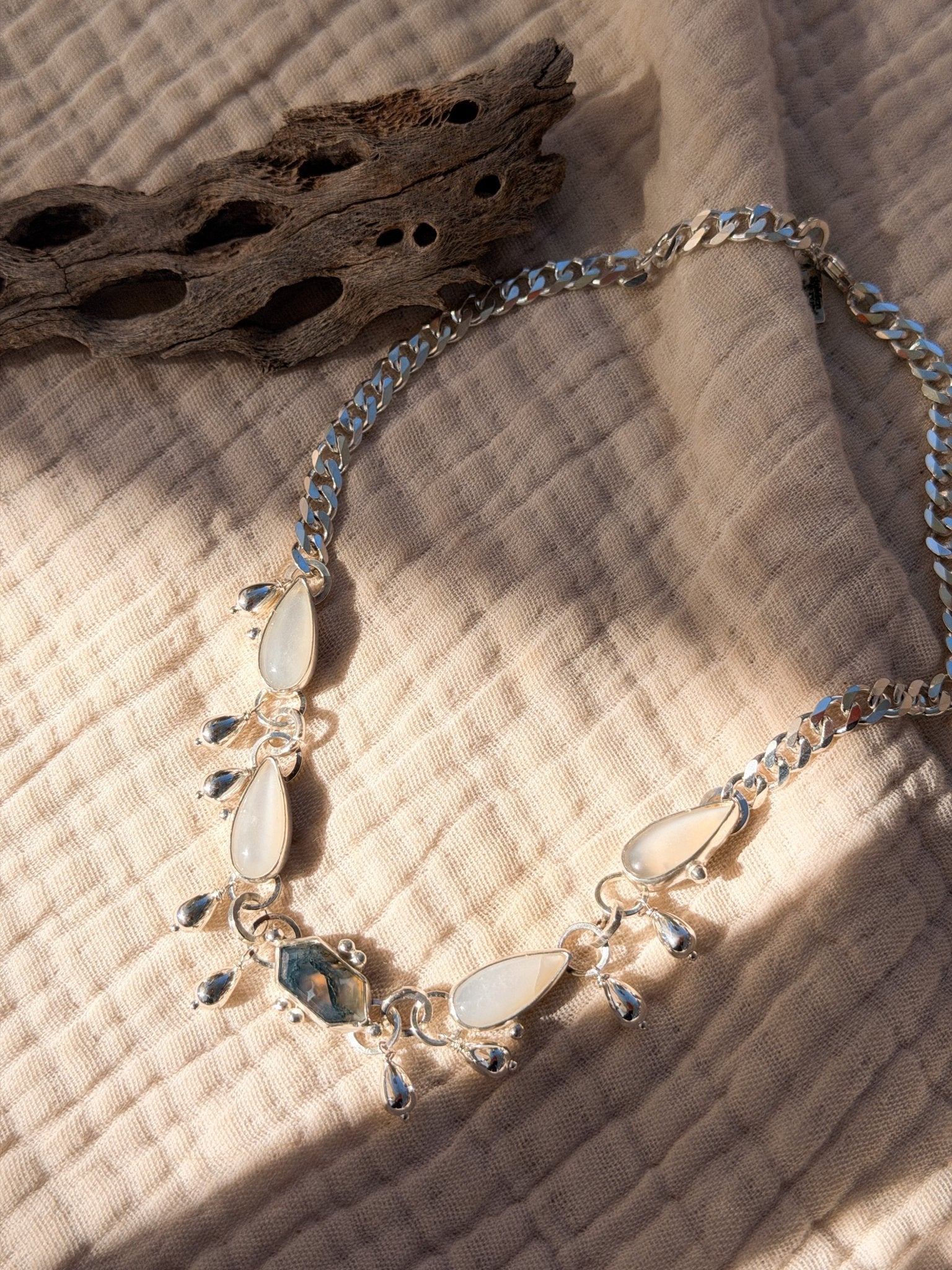 The Monsoon Choker in Moss Agate & Moonstone - Golden Road Crafted