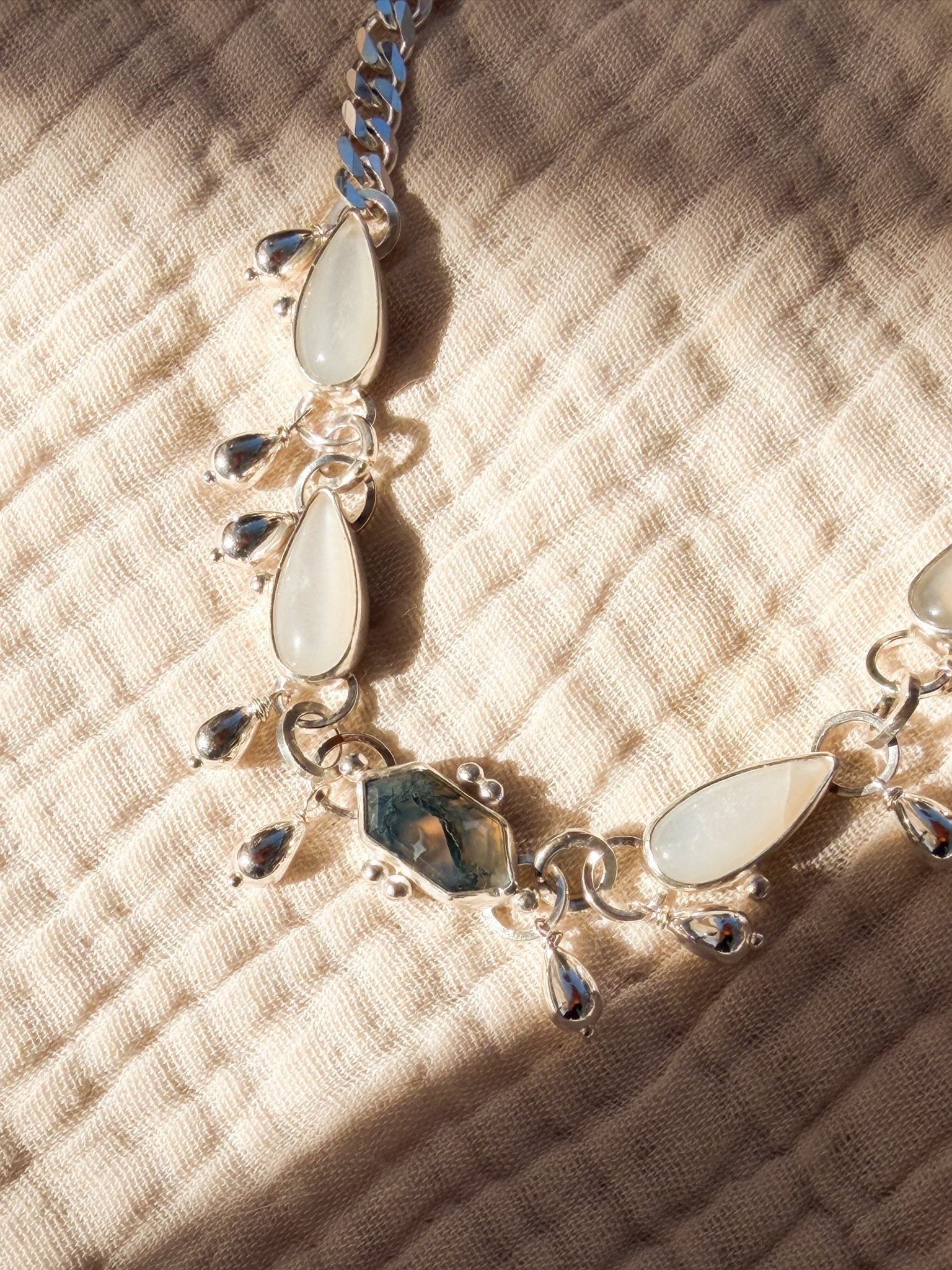 The Monsoon Choker in Moss Agate & Moonstone - Golden Road Crafted