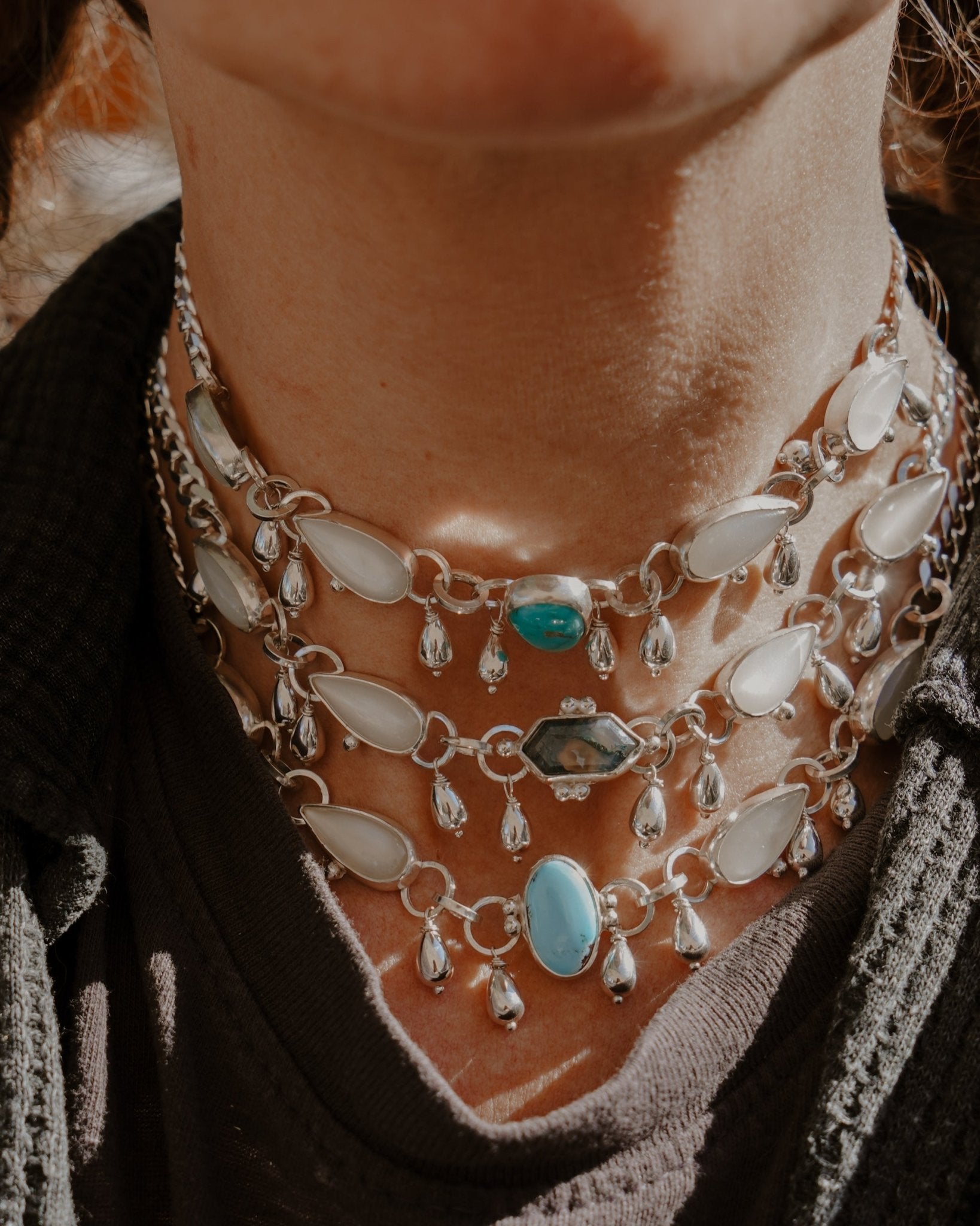 The Monsoon Choker in Moss Agate & Moonstone - Golden Road Crafted