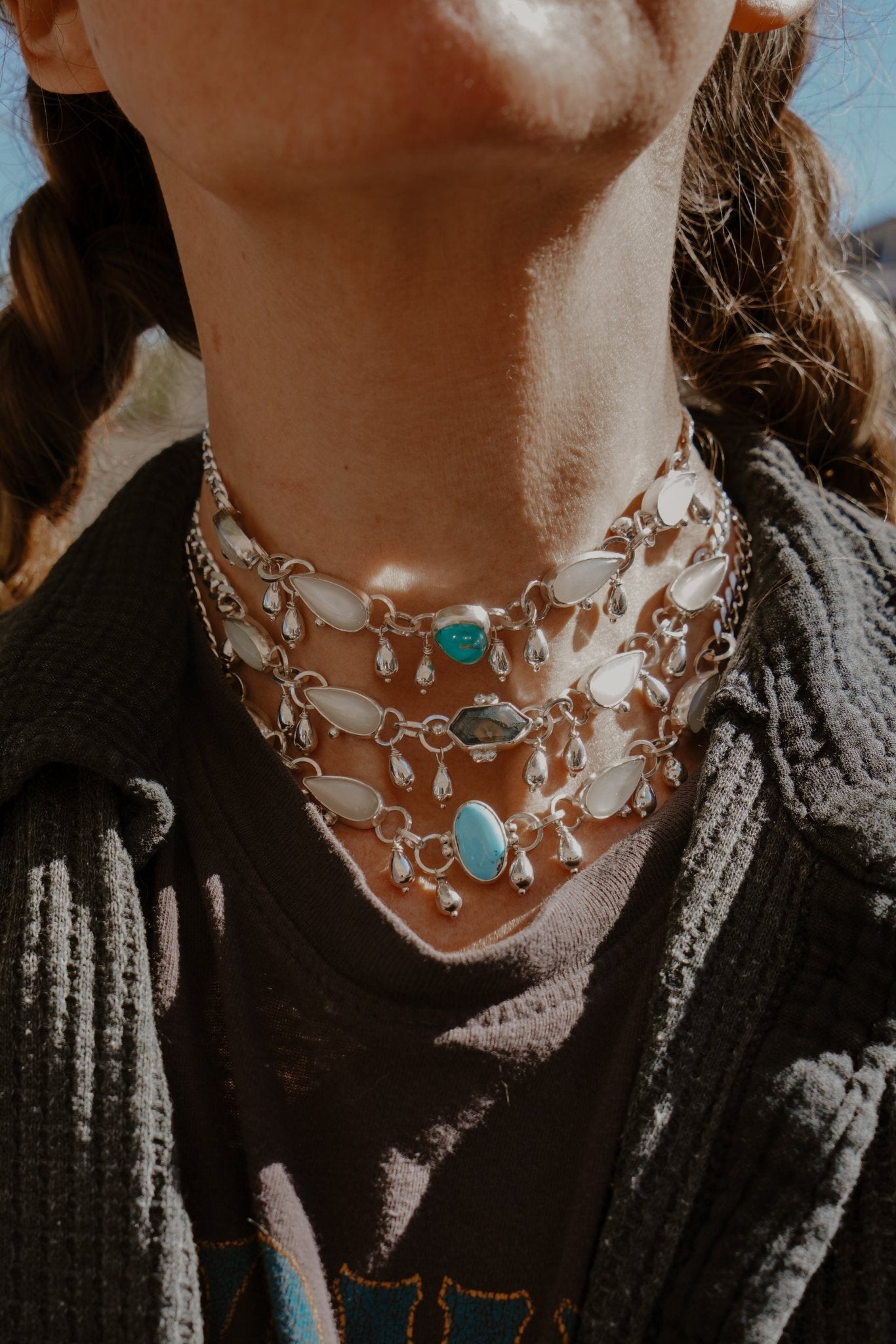 The Monsoon Choker in Moss Agate & Moonstone - Golden Road Crafted