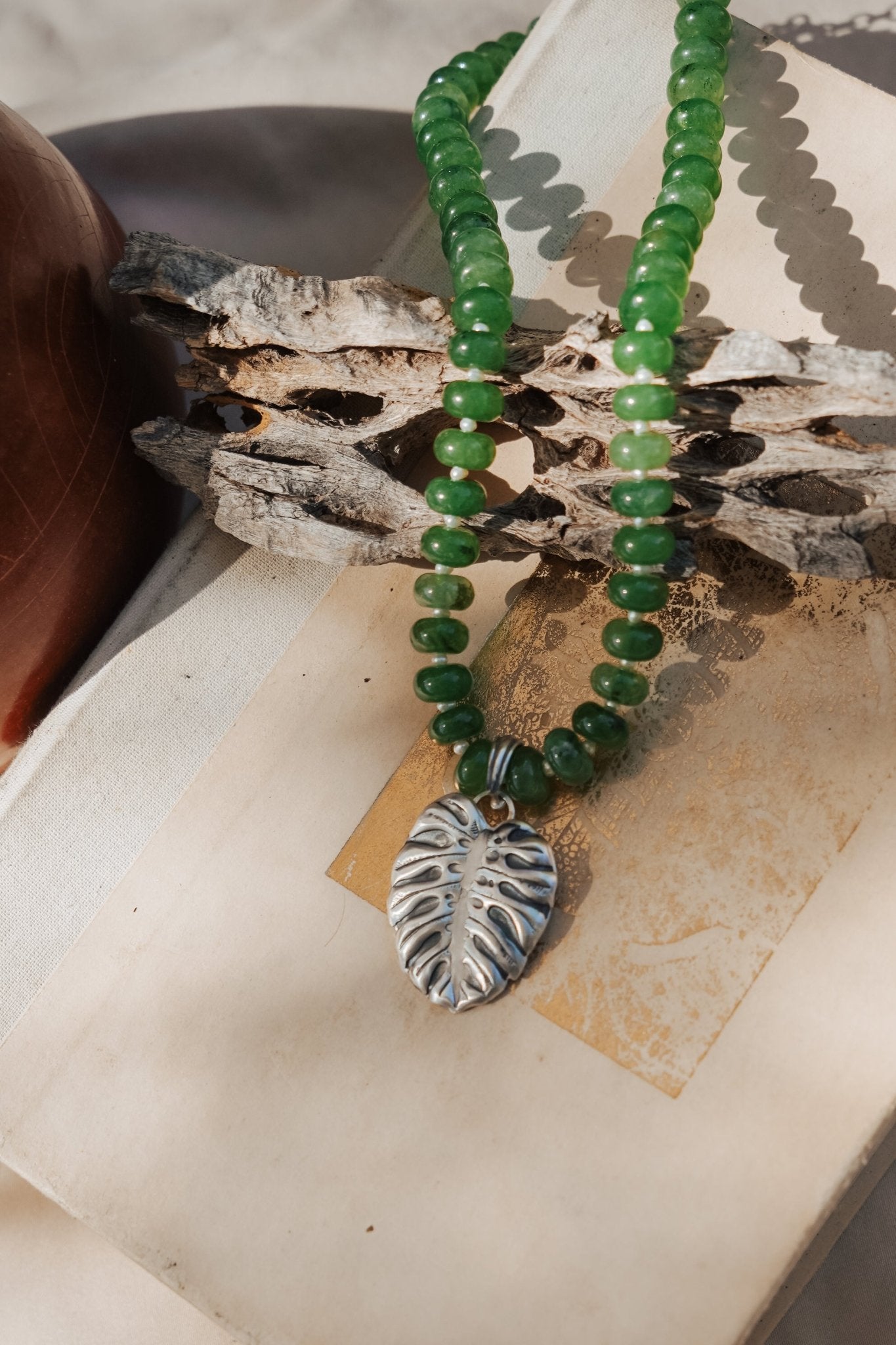 The Monsterra Necklace in Jade + Pearl Beads - Golden Road Crafted